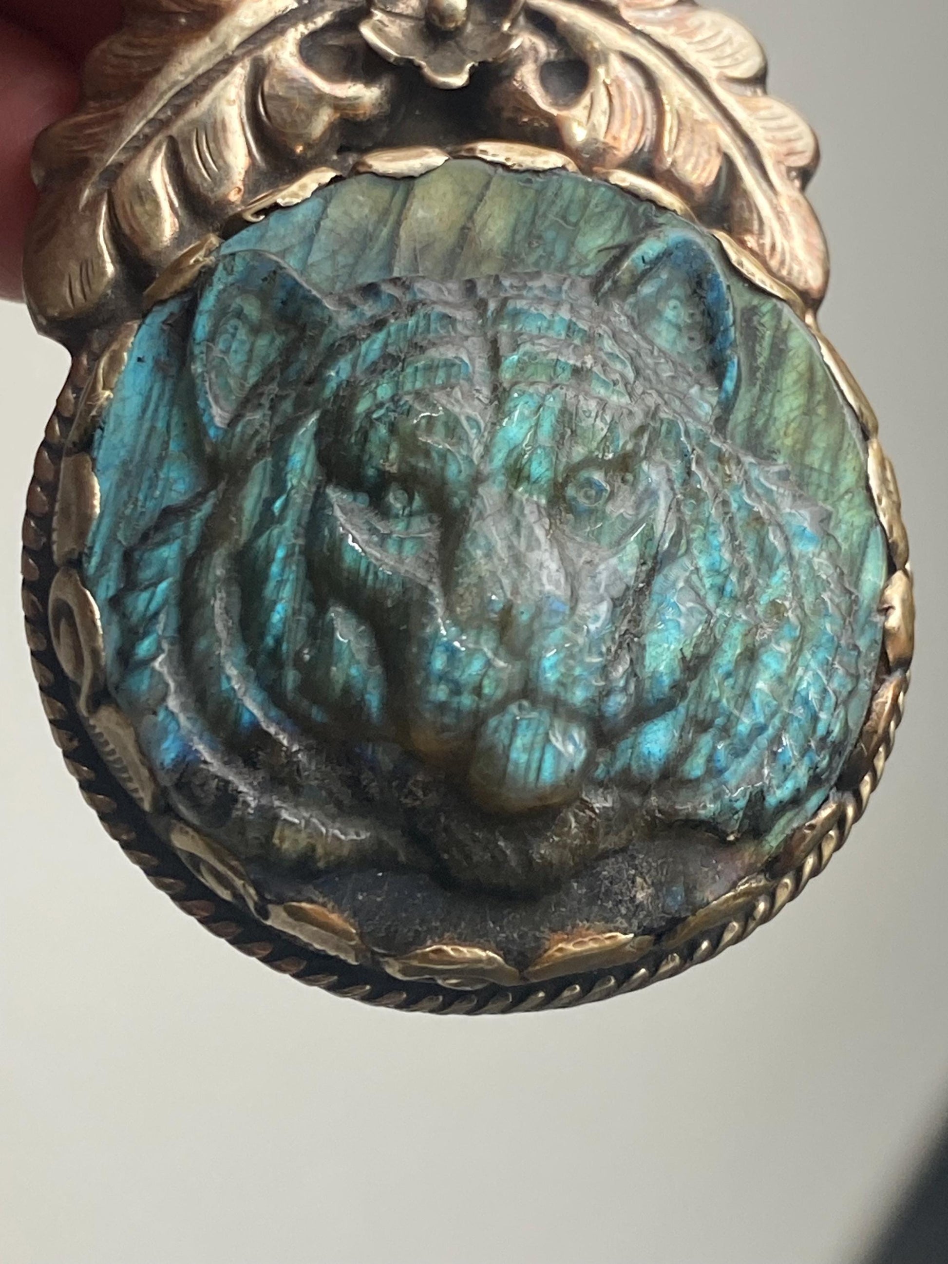 labradorite carved Tiger pendant, handcrafted,Tibetan silver, ethnic style,Nepalese, animal lover pendant