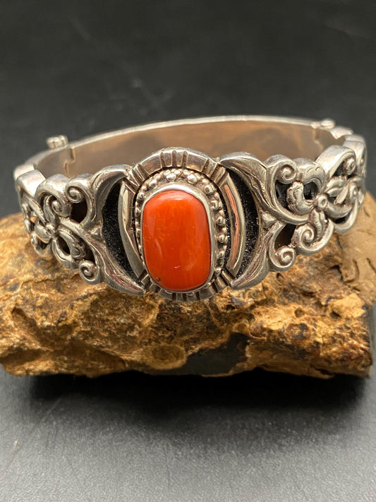 Tibetan design bracelet, Sterling Silver with untreated Coral Bangle: Tibetan Turquoise Jewelry
