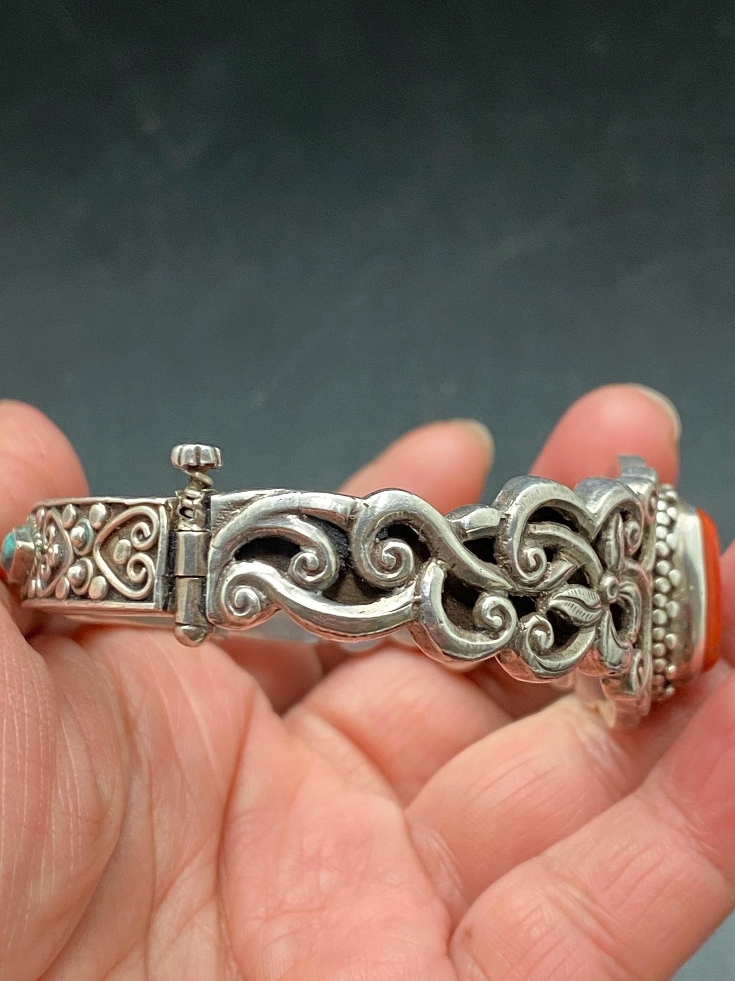 Tibetan design bracelet, Sterling Silver with untreated Coral Bangle: Tibetan Turquoise Jewelry
