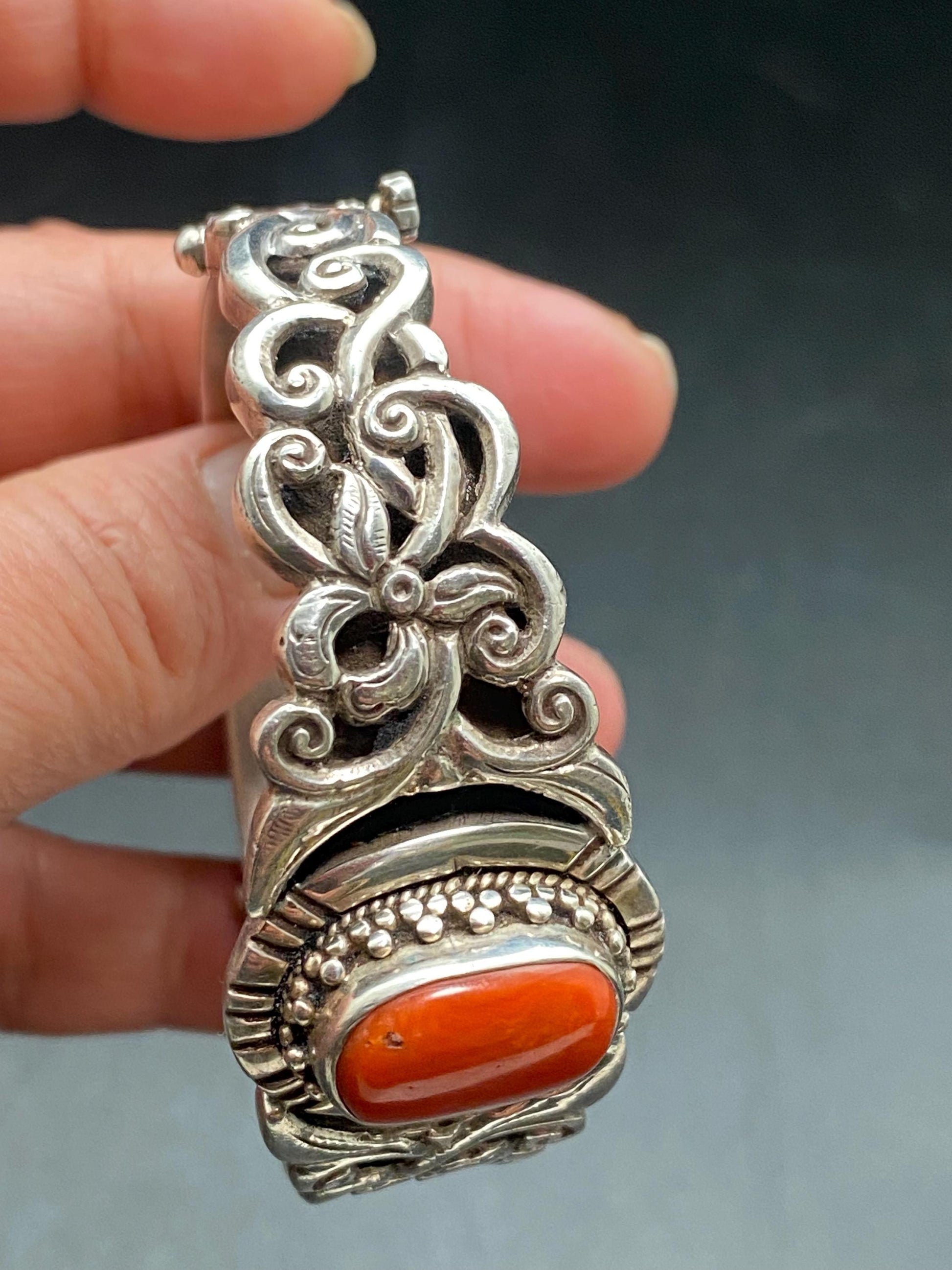 Tibetan design bracelet, Sterling Silver with untreated Coral Bangle: Tibetan Turquoise Jewelry