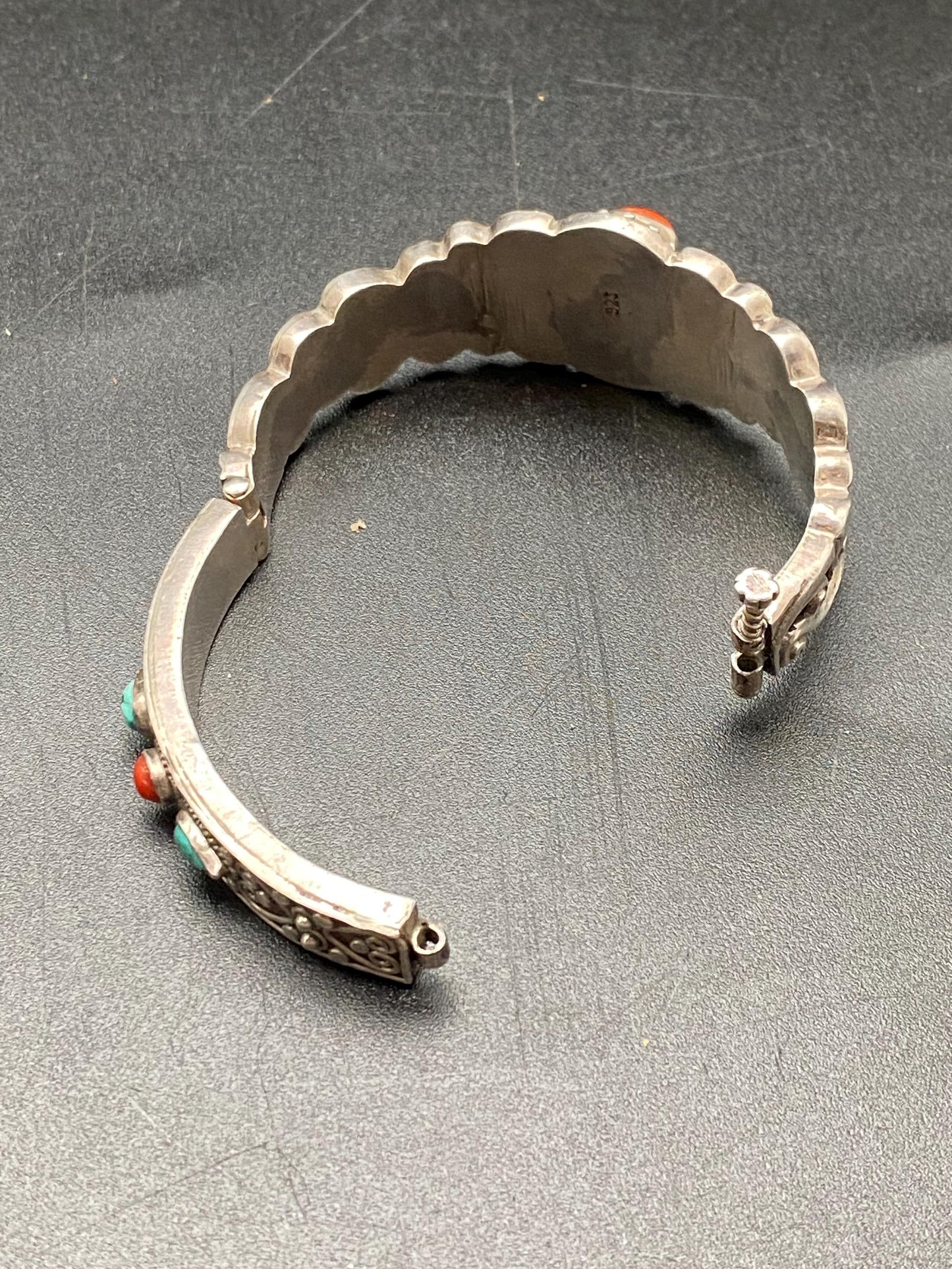 Tibetan design bracelet, Sterling Silver with untreated Coral Bangle: Tibetan Turquoise Jewelry