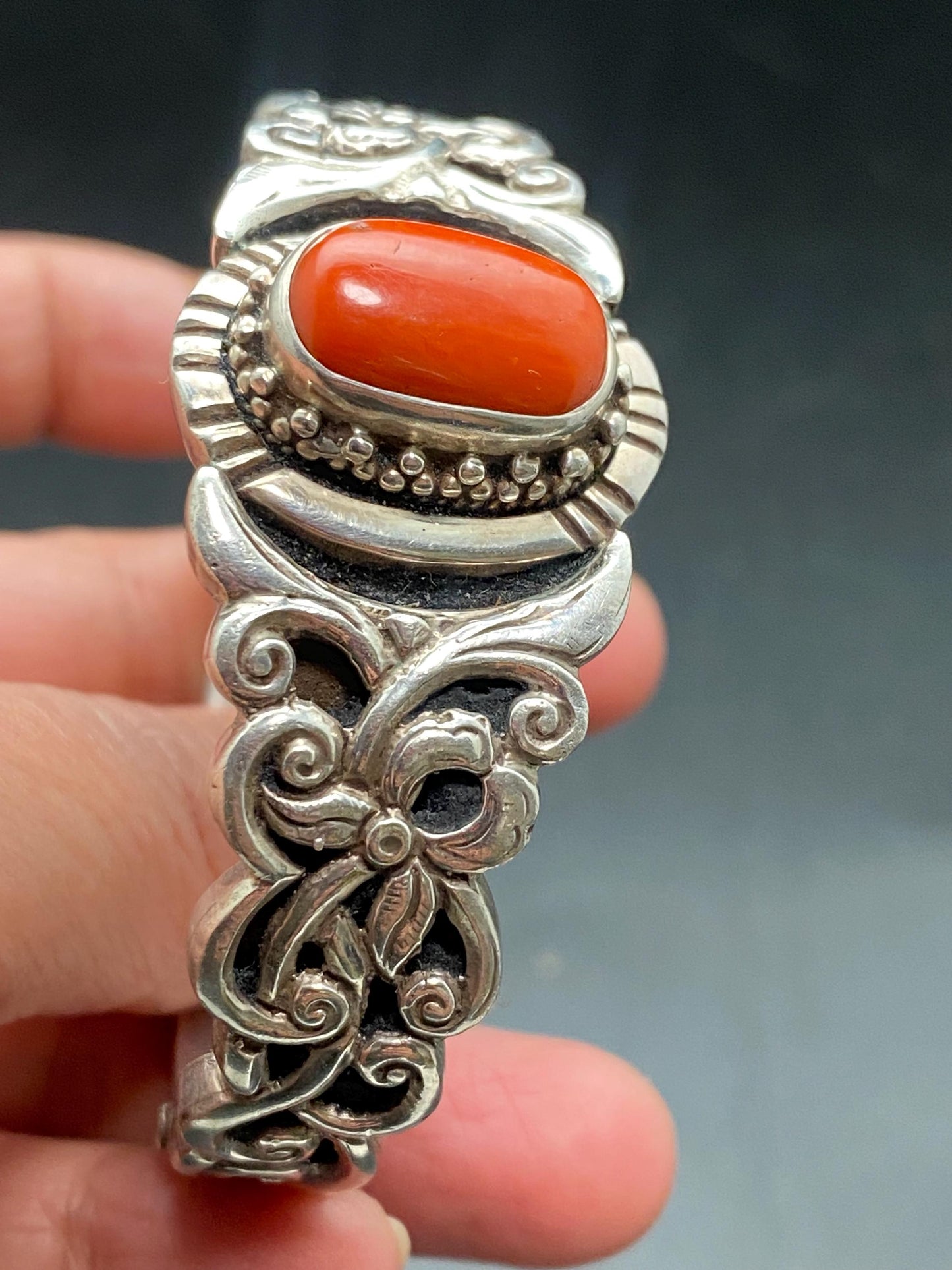 Tibetan design bracelet, Sterling Silver with untreated Coral Bangle: Tibetan Turquoise Jewelry