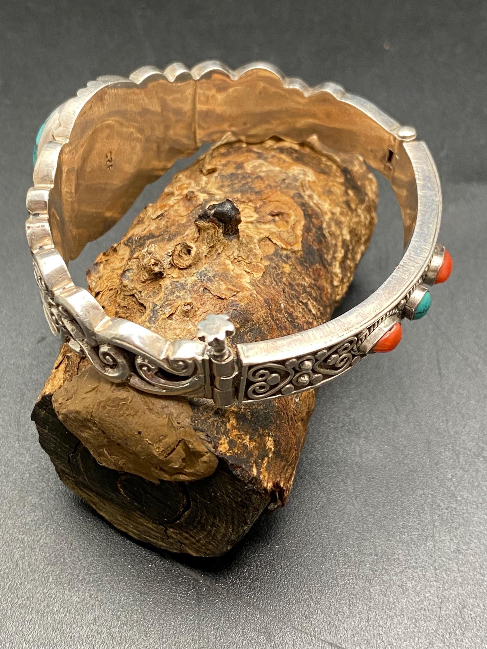 Turquoise bangle, bracelet ,sterling silver,turquoise ,coral , handcrafted,Nepalese