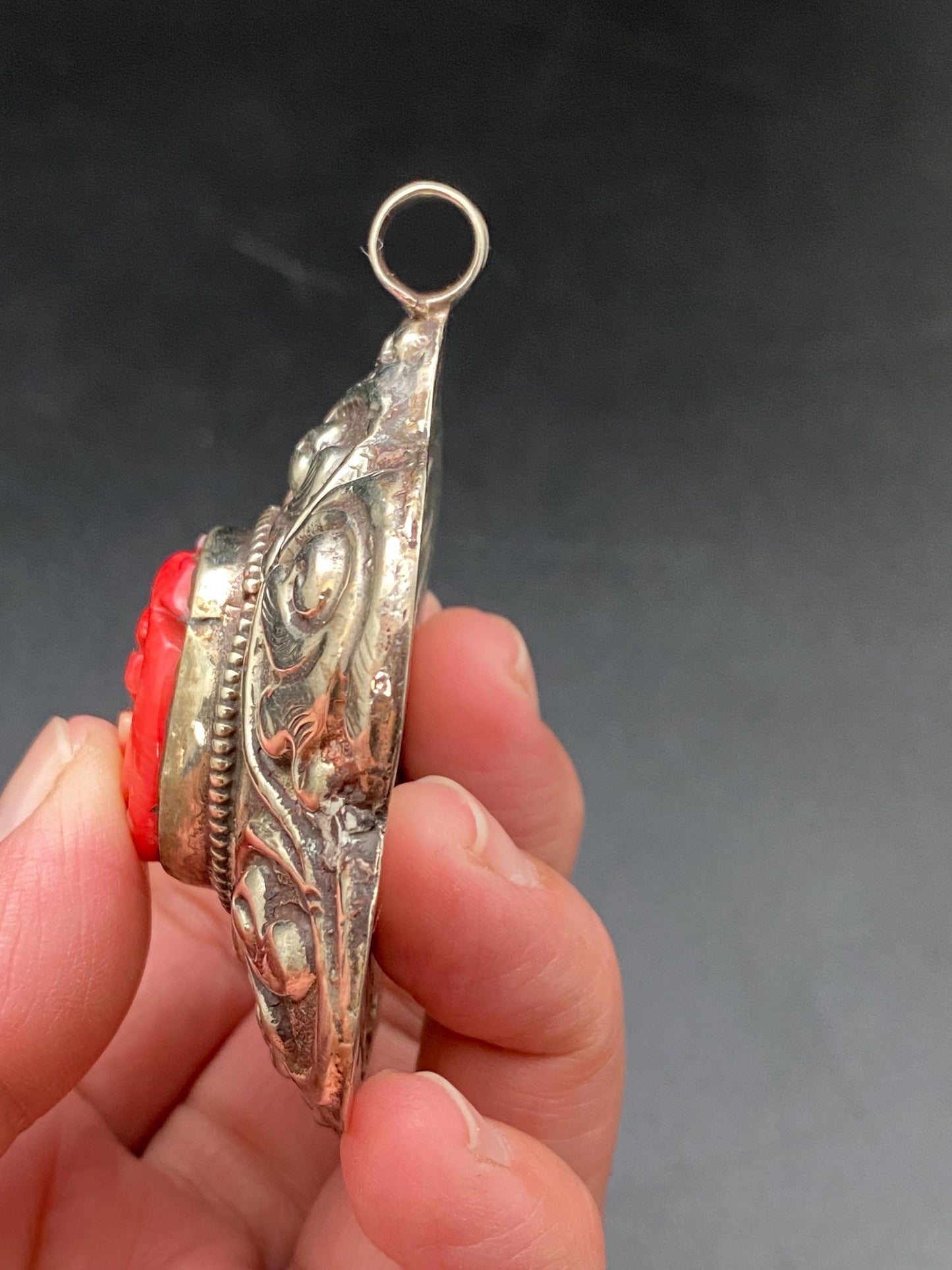large flower pendant ,Bamboo coral, tibetan silver, handcrafted,ethnic design, tibetan design,Nepalese
