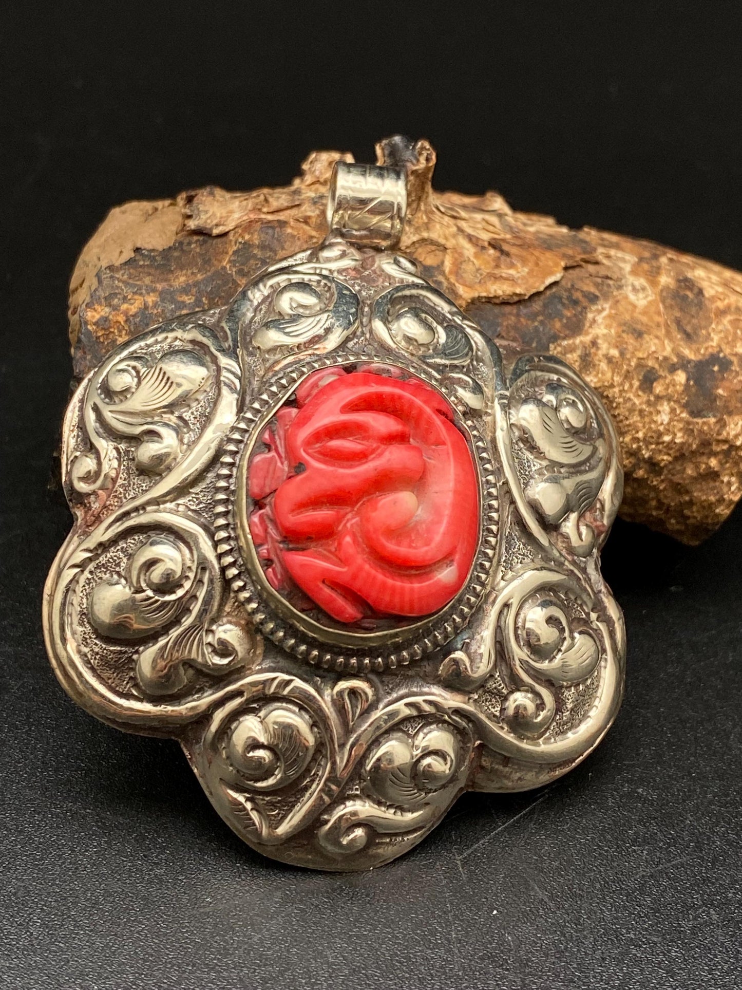large flower pendant ,Bamboo coral, tibetan silver, handcrafted,ethnic design, tibetan design,Nepalese