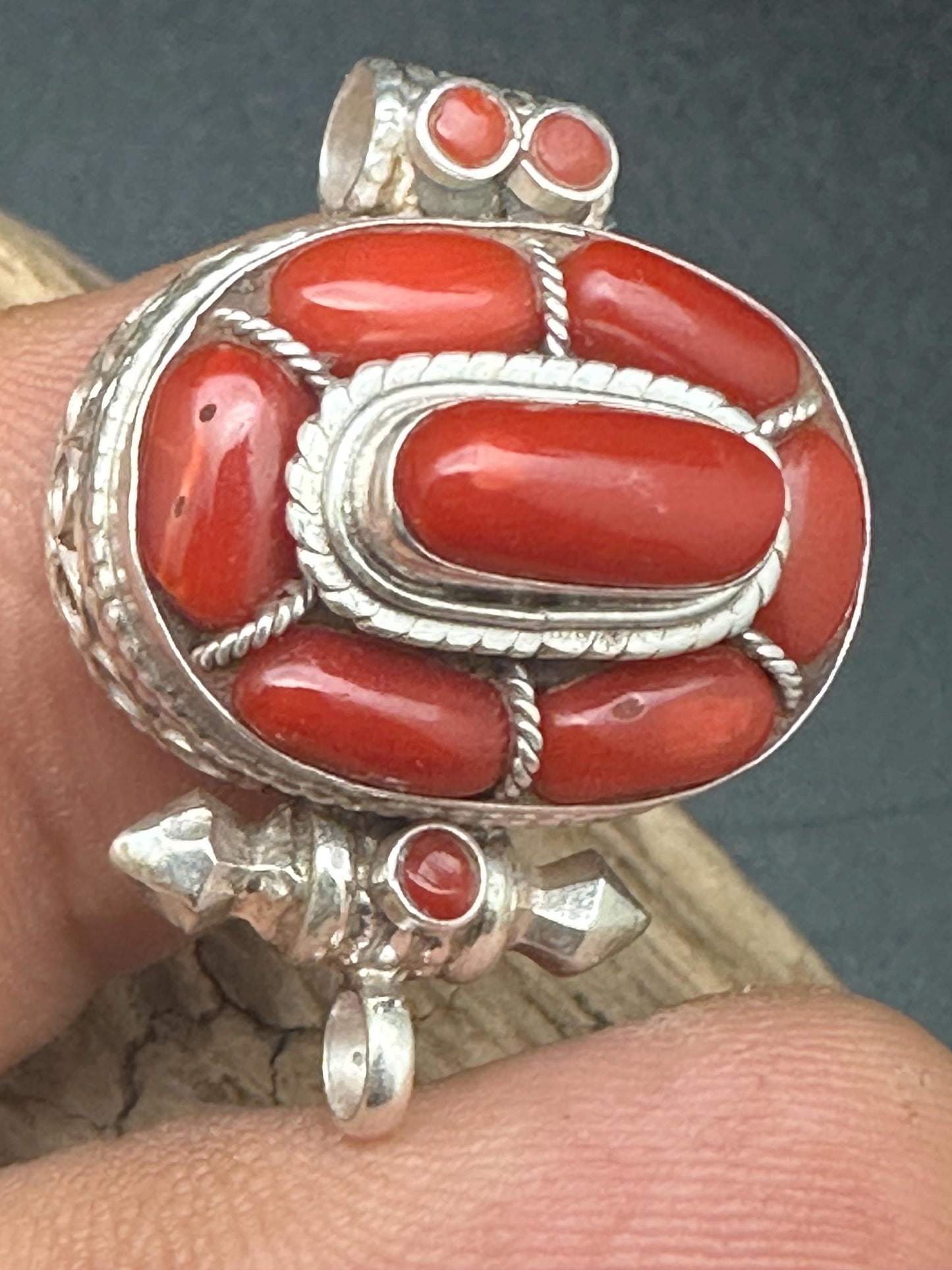 Tibetan Amulet: Sterling Silver Pendant with Natural Red Coral