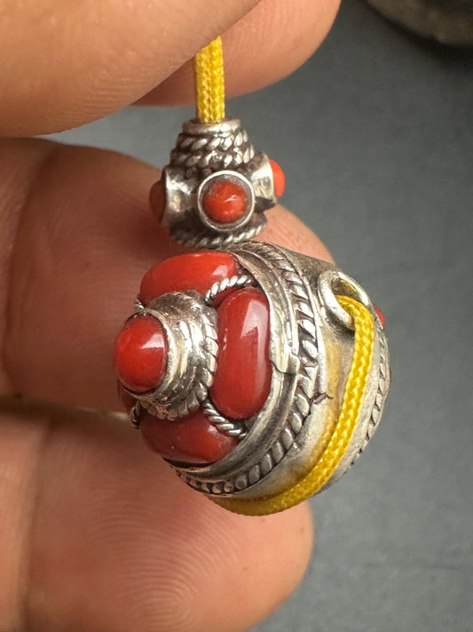 Sterling Silver Guru Bead: Red Coral Tibetan Buddhist Rosary