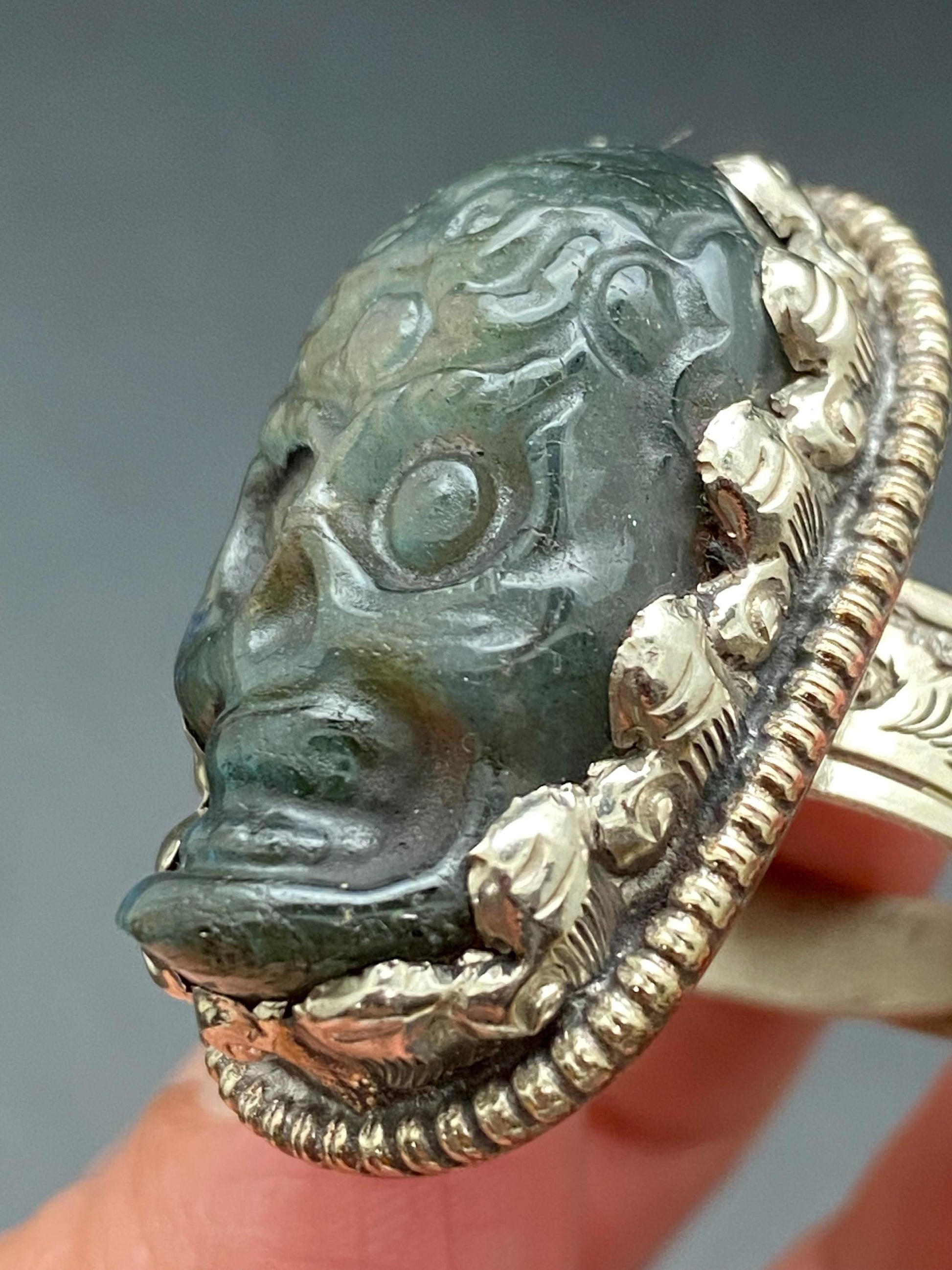 labradorite carved, skull ring, handcrafted,ethnic style,Tibetan silver, adjustable ,Nepalese