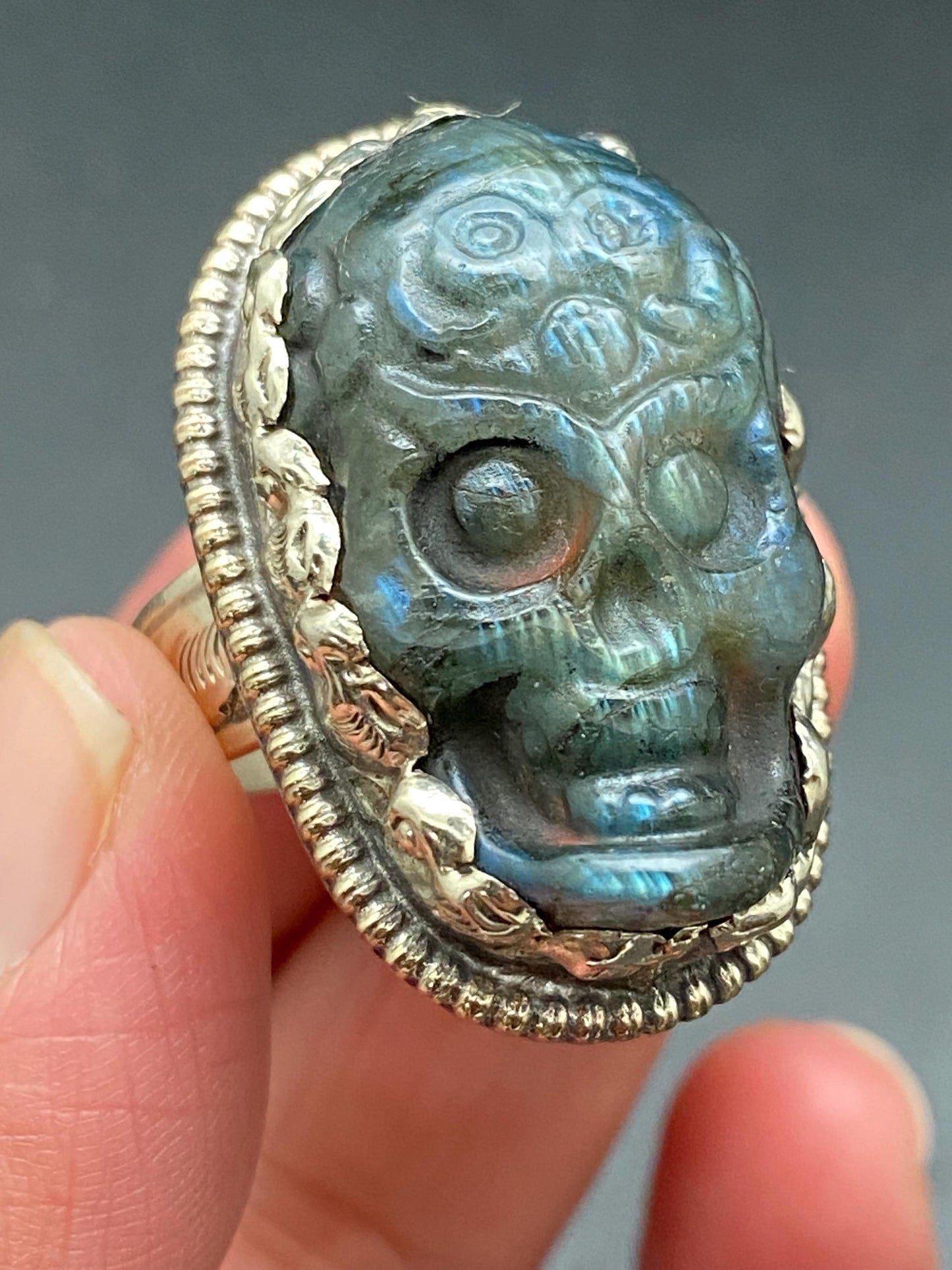 labradorite carved, skull ring, handcrafted,ethnic style,Tibetan silver, adjustable ,Nepalese