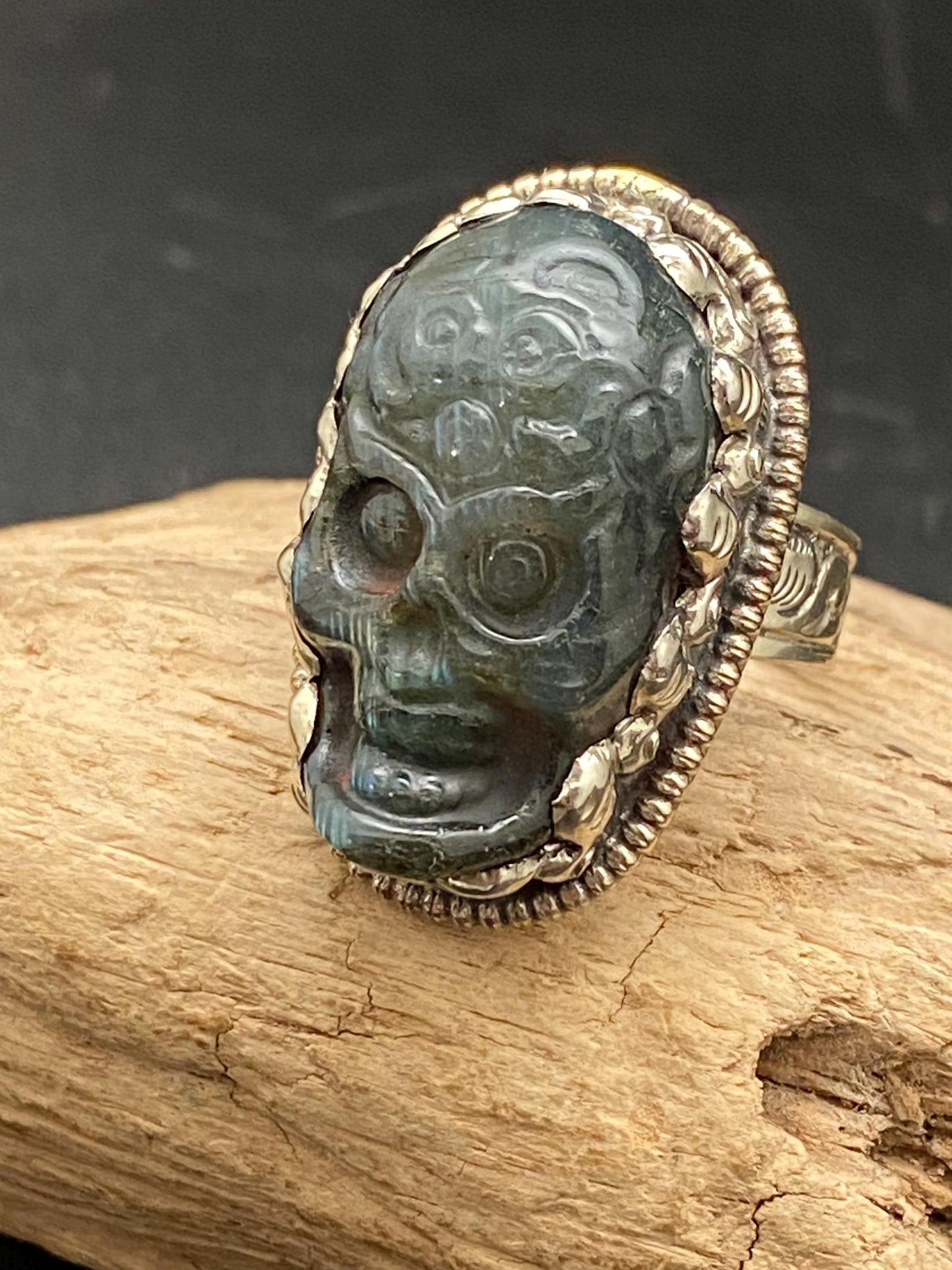 labradorite carved, skull ring, handcrafted,ethnic style,Tibetan silver, adjustable ,Nepalese