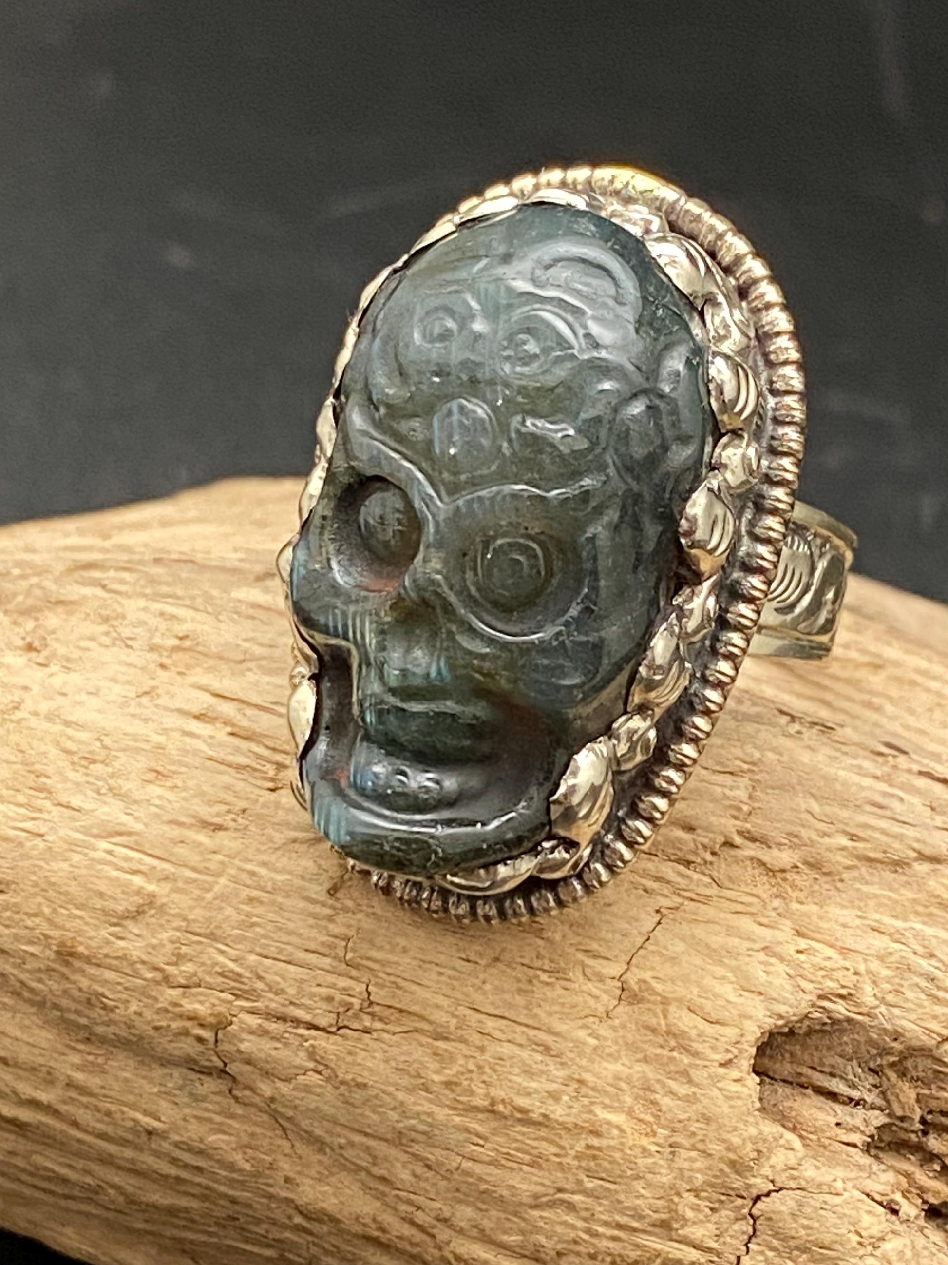 labradorite carved, skull ring, handcrafted,ethnic style,Tibetan silver, adjustable ,Nepalese