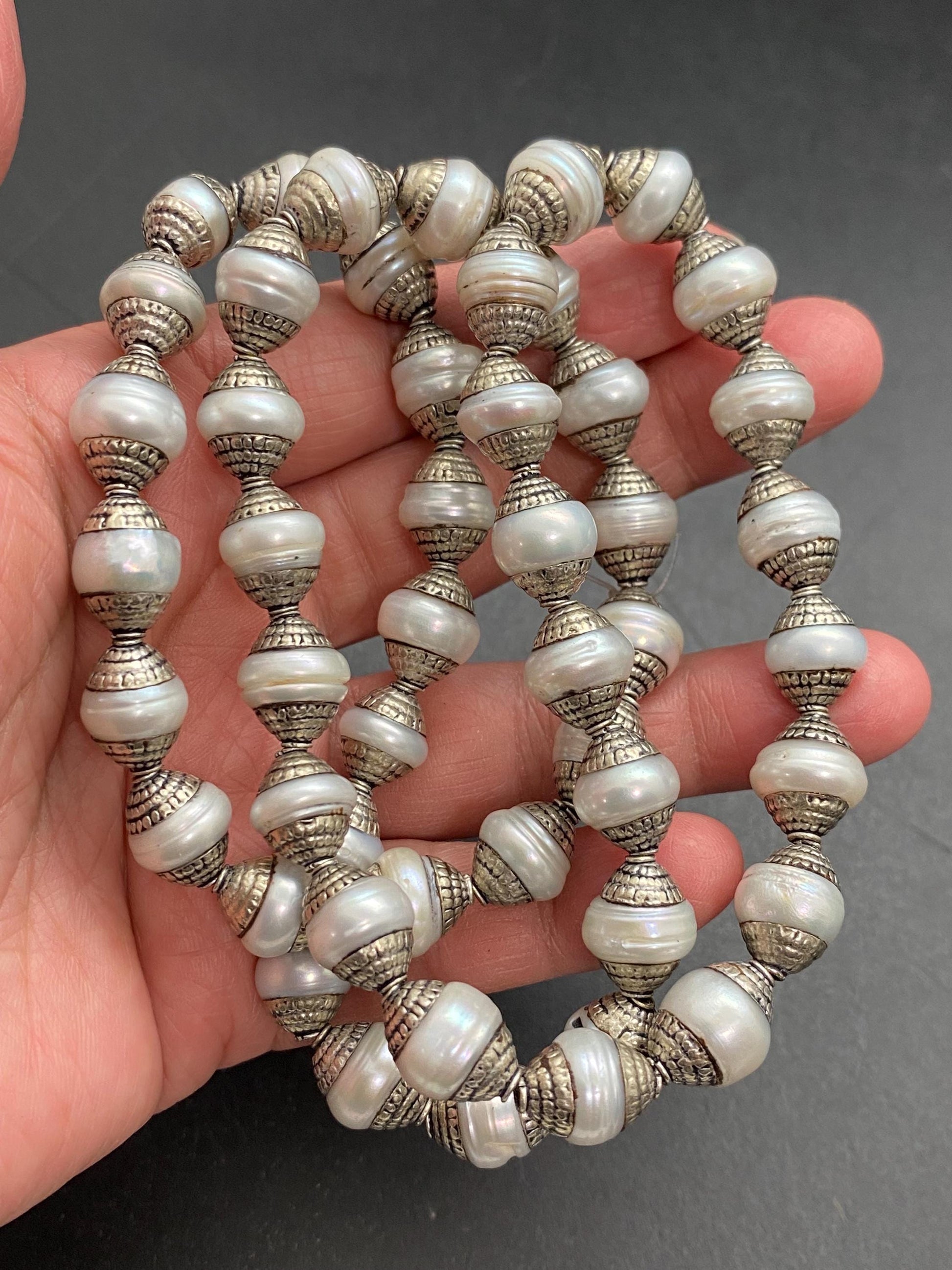 mother of pearl bead mala,necklace,Tibetan silver,handcrafted, pearl bead, ethnic Style,jewelry making beads,double end capped bead mala