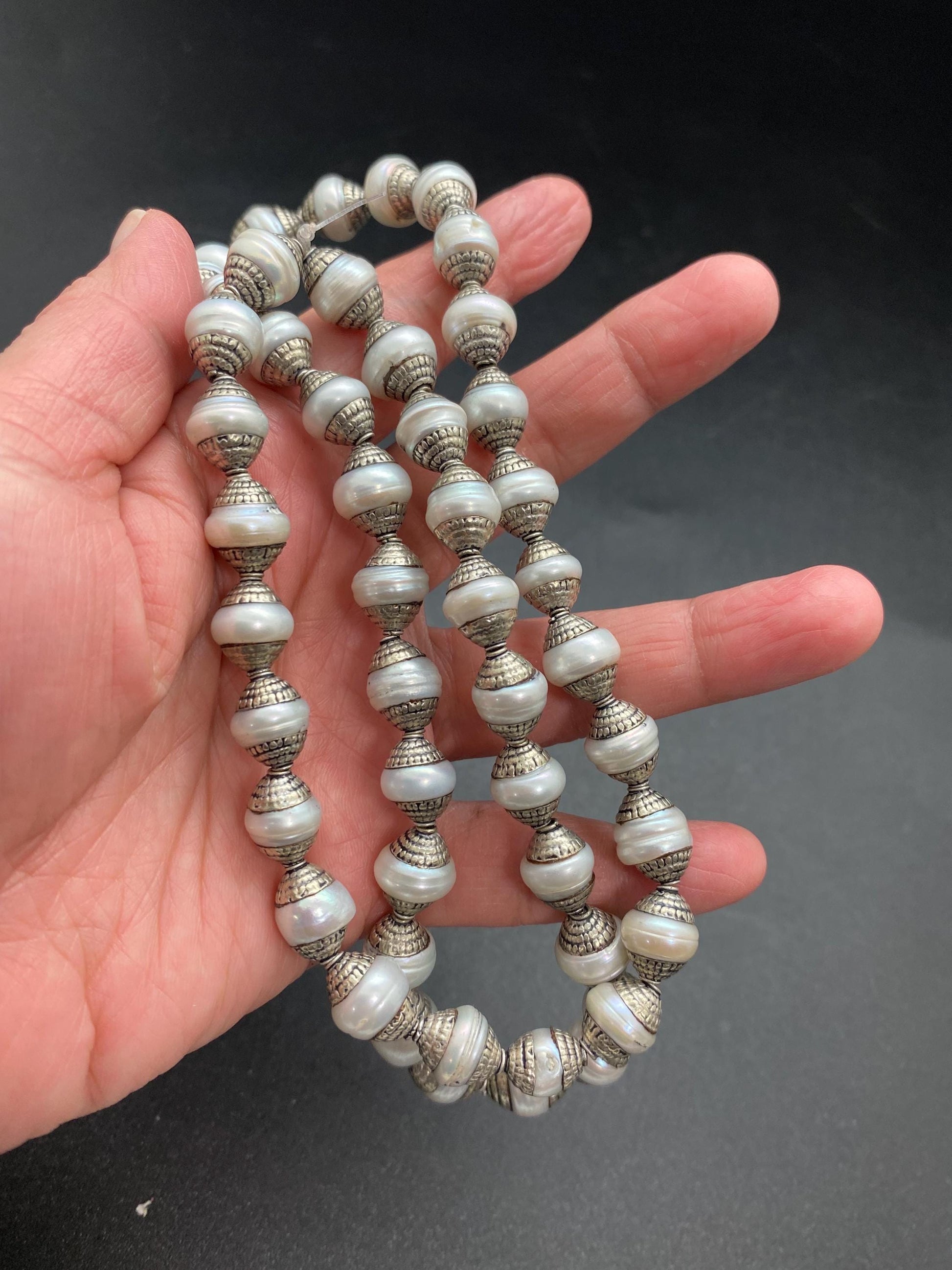 mother of pearl bead mala,necklace,Tibetan silver,handcrafted, pearl bead, ethnic Style,jewelry making beads,double end capped bead mala
