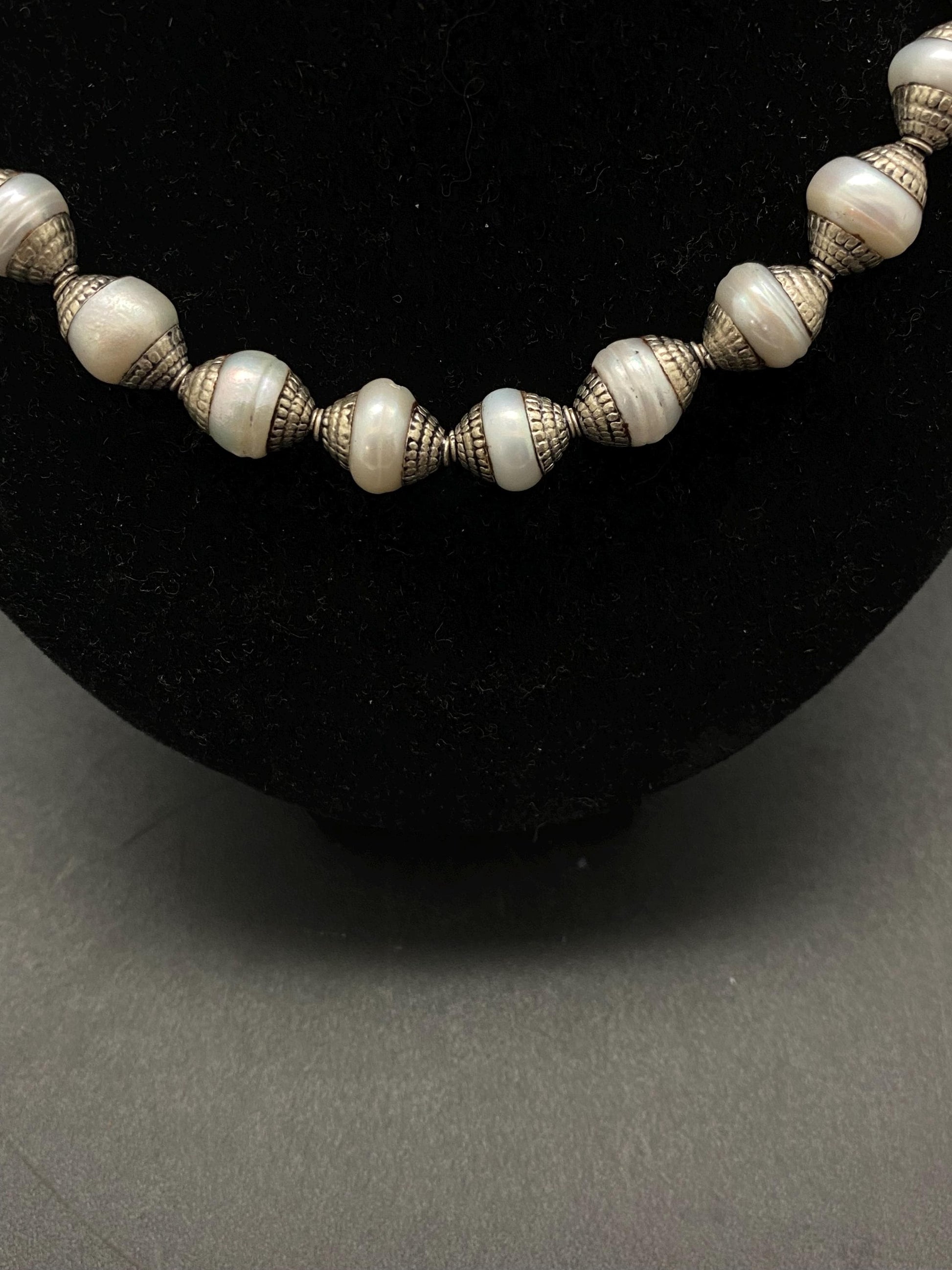 mother of pearl bead mala,necklace,Tibetan silver,handcrafted, pearl bead, ethnic Style,jewelry making beads,double end capped bead mala