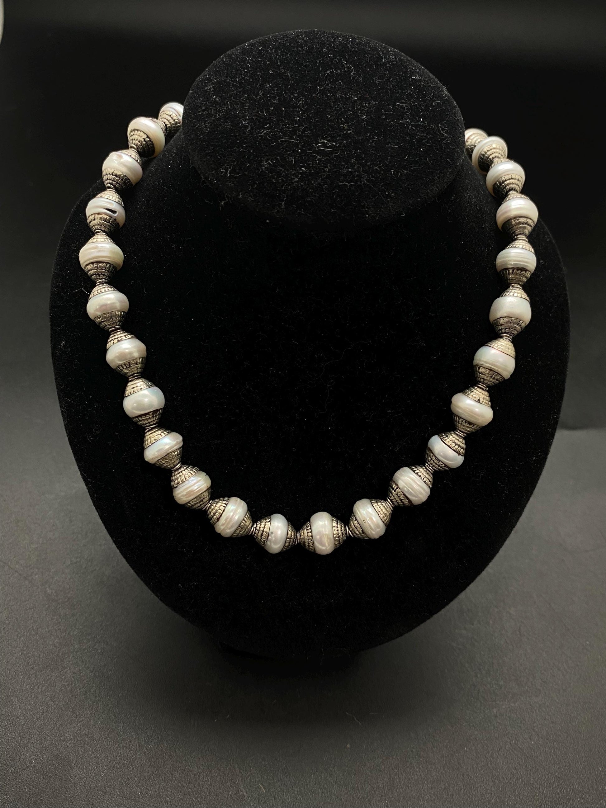 mother of pearl bead mala,necklace,Tibetan silver,handcrafted, pearl bead, ethnic Style,jewelry making beads,double end capped bead mala