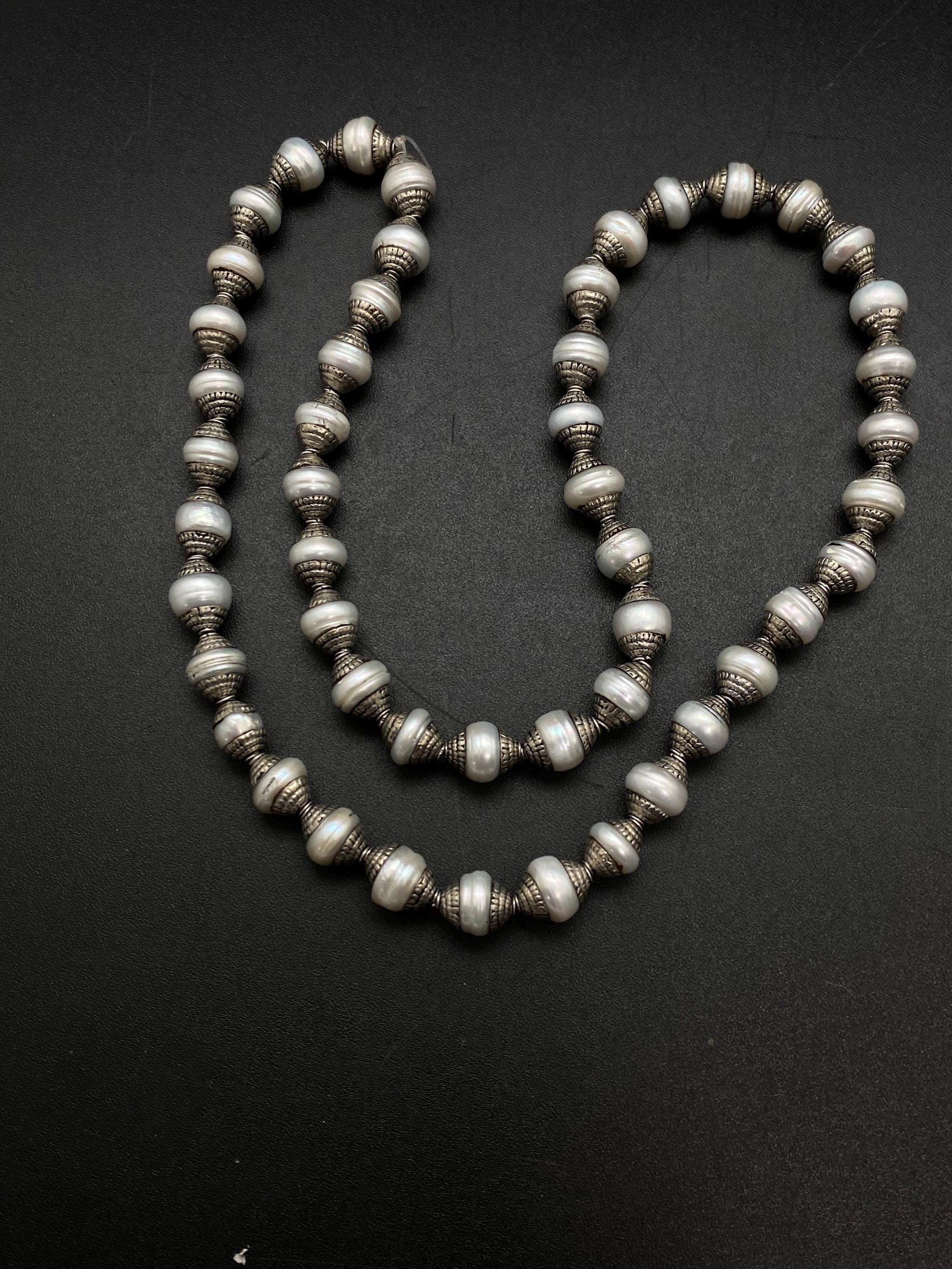 mother of pearl bead mala,necklace,Tibetan silver,handcrafted, pearl bead, ethnic Style,jewelry making beads,double end capped bead mala