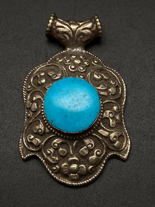 How lite Turquoise pendant,Handcrafted,Tibetan reposse silver, ethnic style,Tibetan design,Himalayan,Nepalese