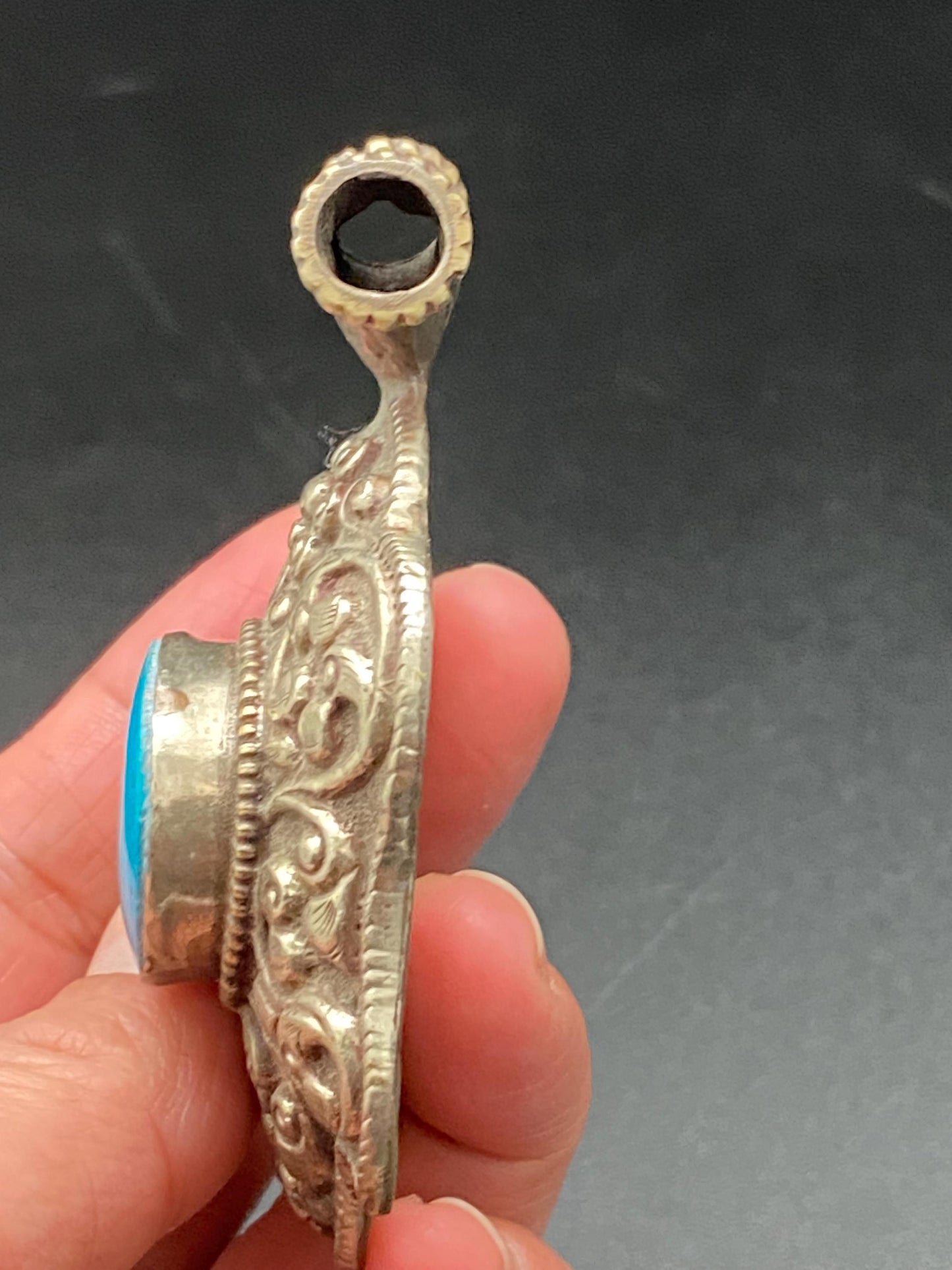 How lite Turquoise pendant,Handcrafted,Tibetan reposse silver, ethnic style,Tibetan design,Himalayan,Nepalese