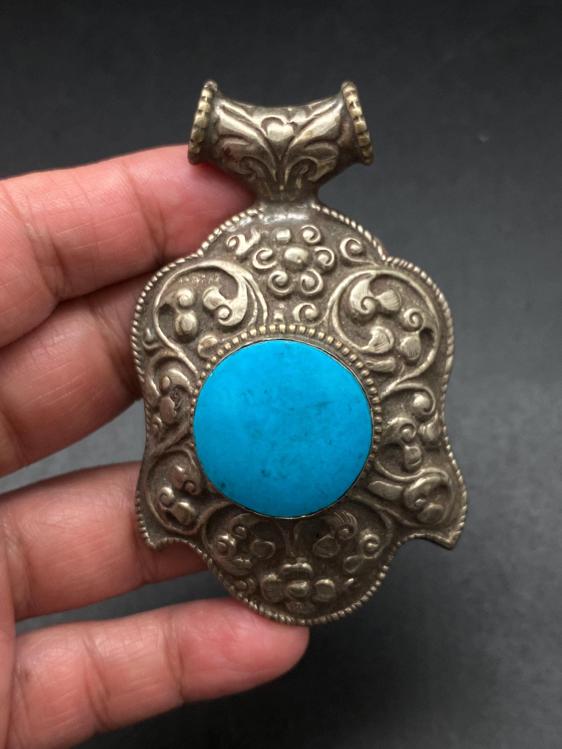 How lite Turquoise pendant,Handcrafted,Tibetan reposse silver, ethnic style,Tibetan design,Himalayan,Nepalese