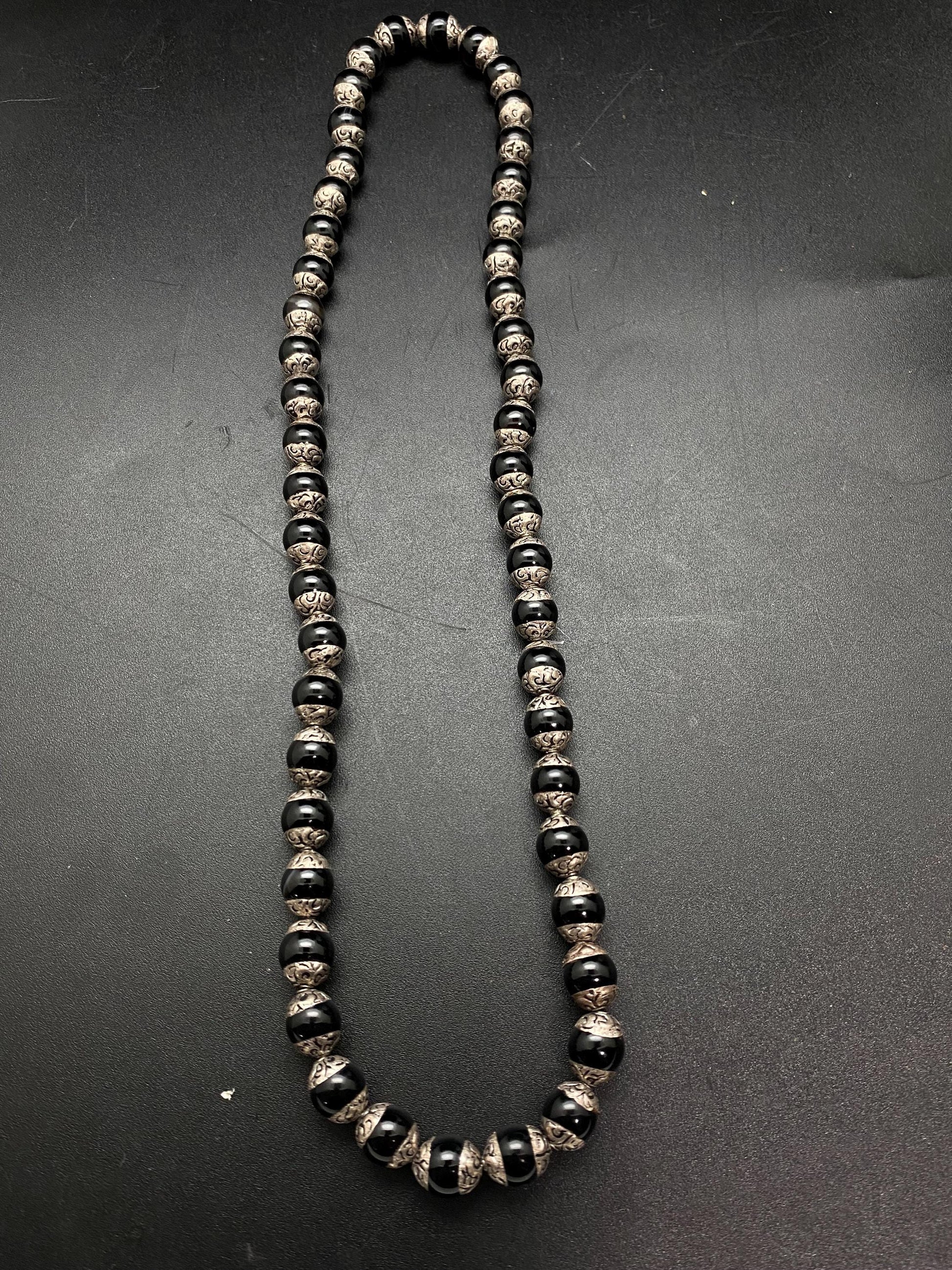 Handcrafted Black Onyx Mala Necklace: Tibetan Silver Capped Beads