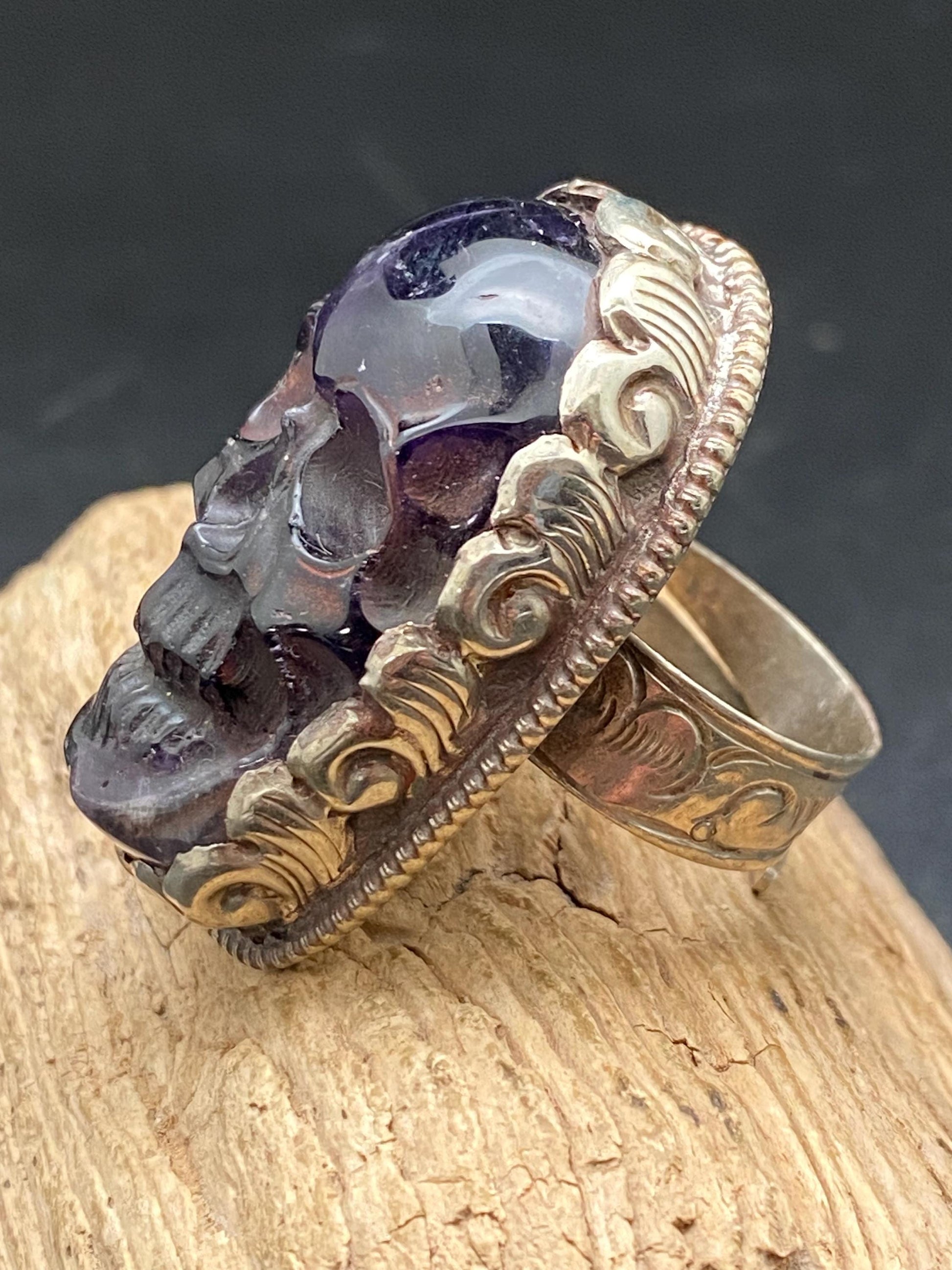 Skull ring,amethyst ring,handcrafted,Tibetan silver,Ethnic style,Himalayan Nepalese,adjustable