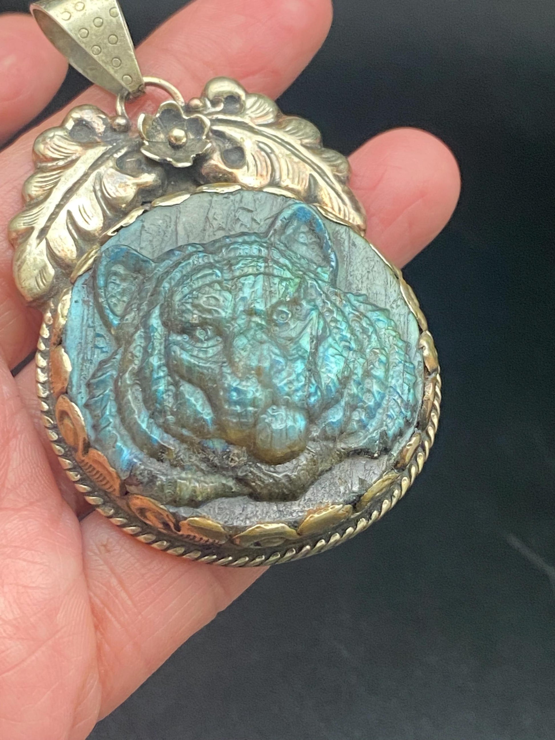 labradorite carved Tiger pendant, handcrafted,Tibetan silver, ethnic style,Nepalese, animal lover pendant