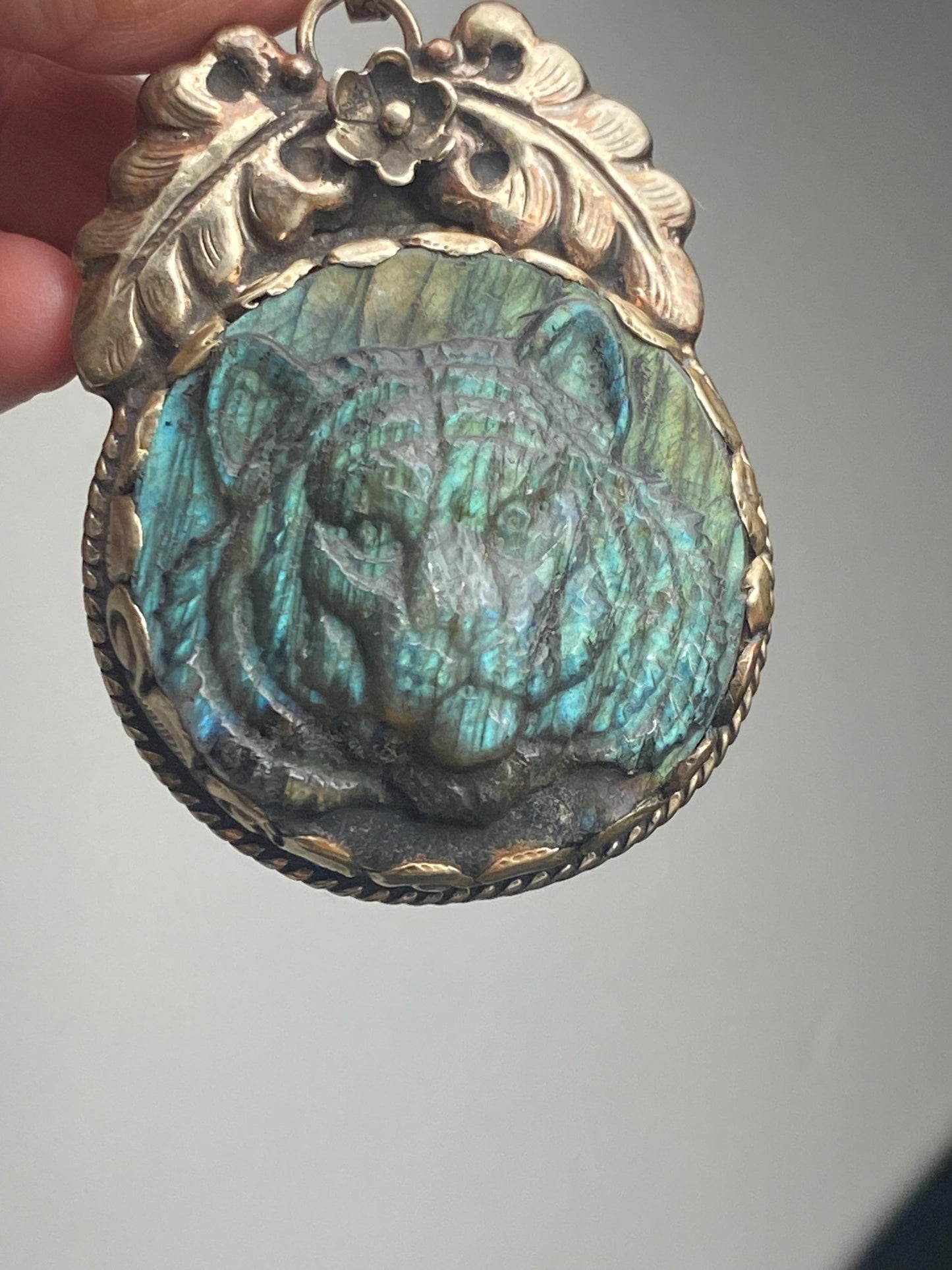 labradorite carved Tiger pendant, handcrafted,Tibetan silver, ethnic style,Nepalese, animal lover pendant