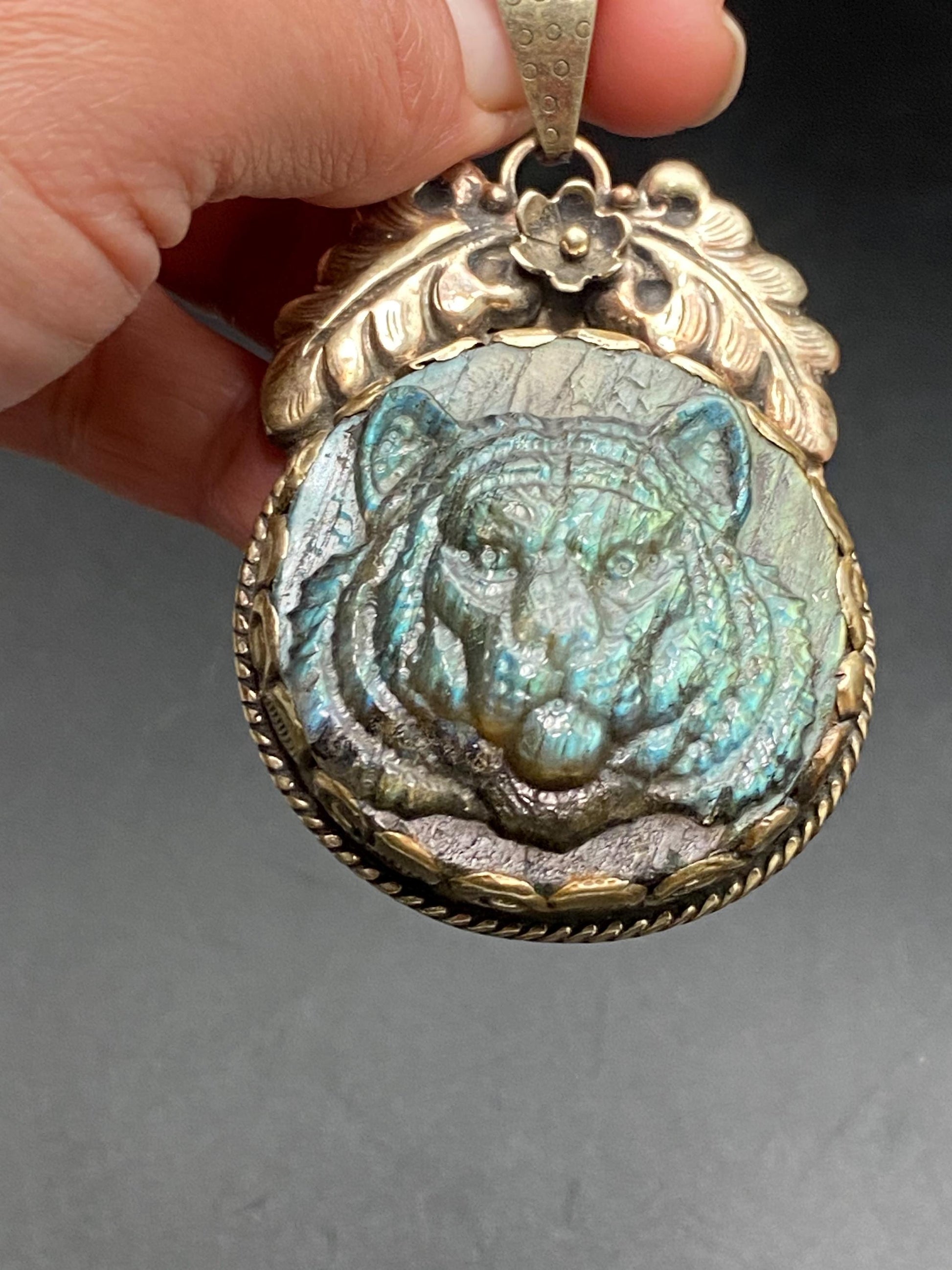 labradorite carved Tiger pendant, handcrafted,Tibetan silver, ethnic style,Nepalese, animal lover pendant