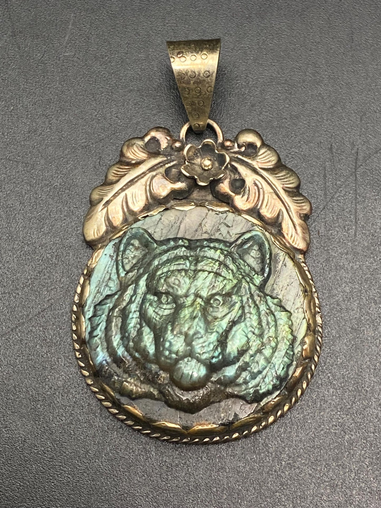 labradorite carved Tiger pendant, handcrafted,Tibetan silver, ethnic style,Nepalese, animal lover pendant