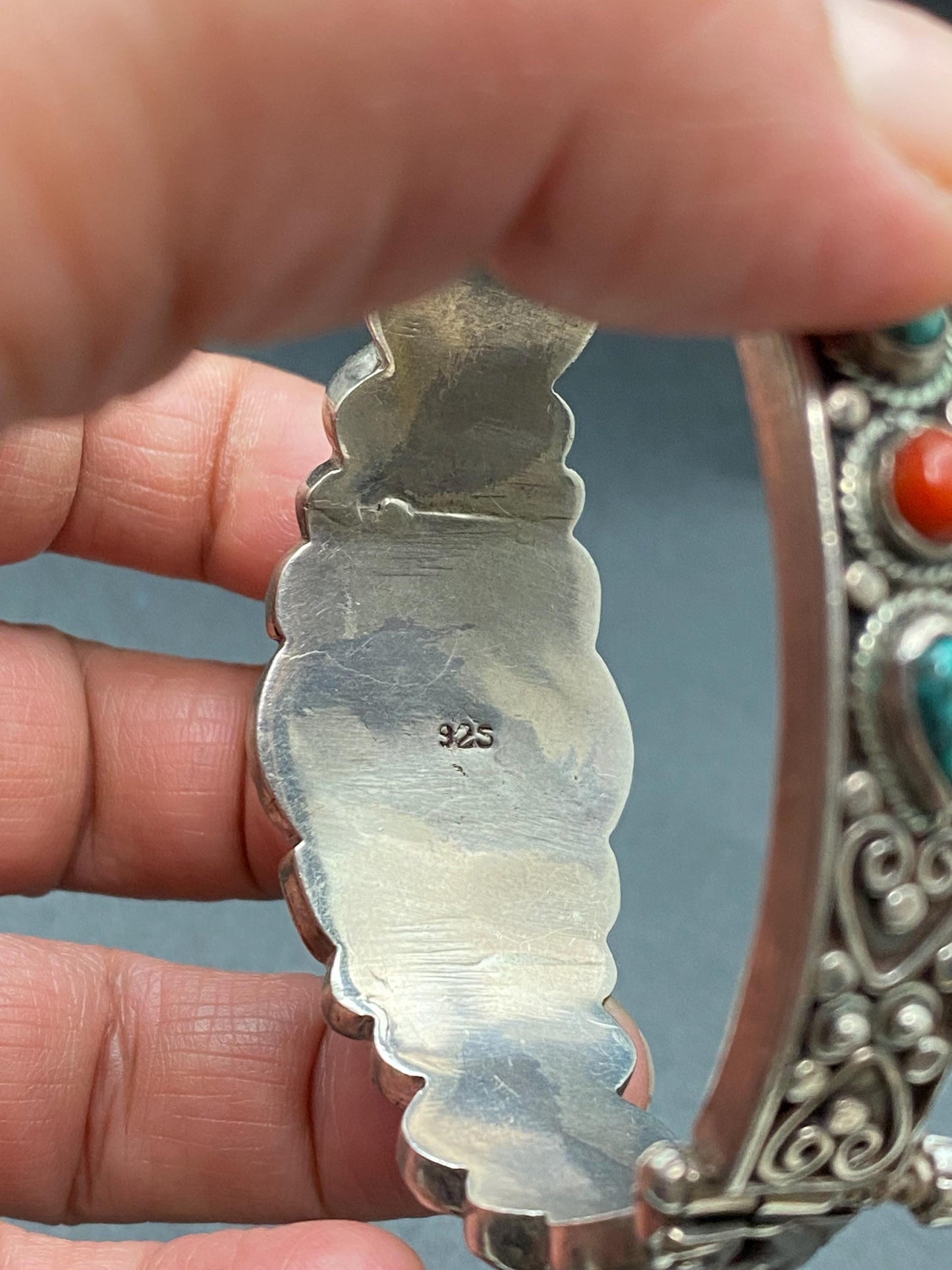 Tibetan design bracelet, Sterling Silver with untreated Coral Bangle: Tibetan Turquoise Jewelry
