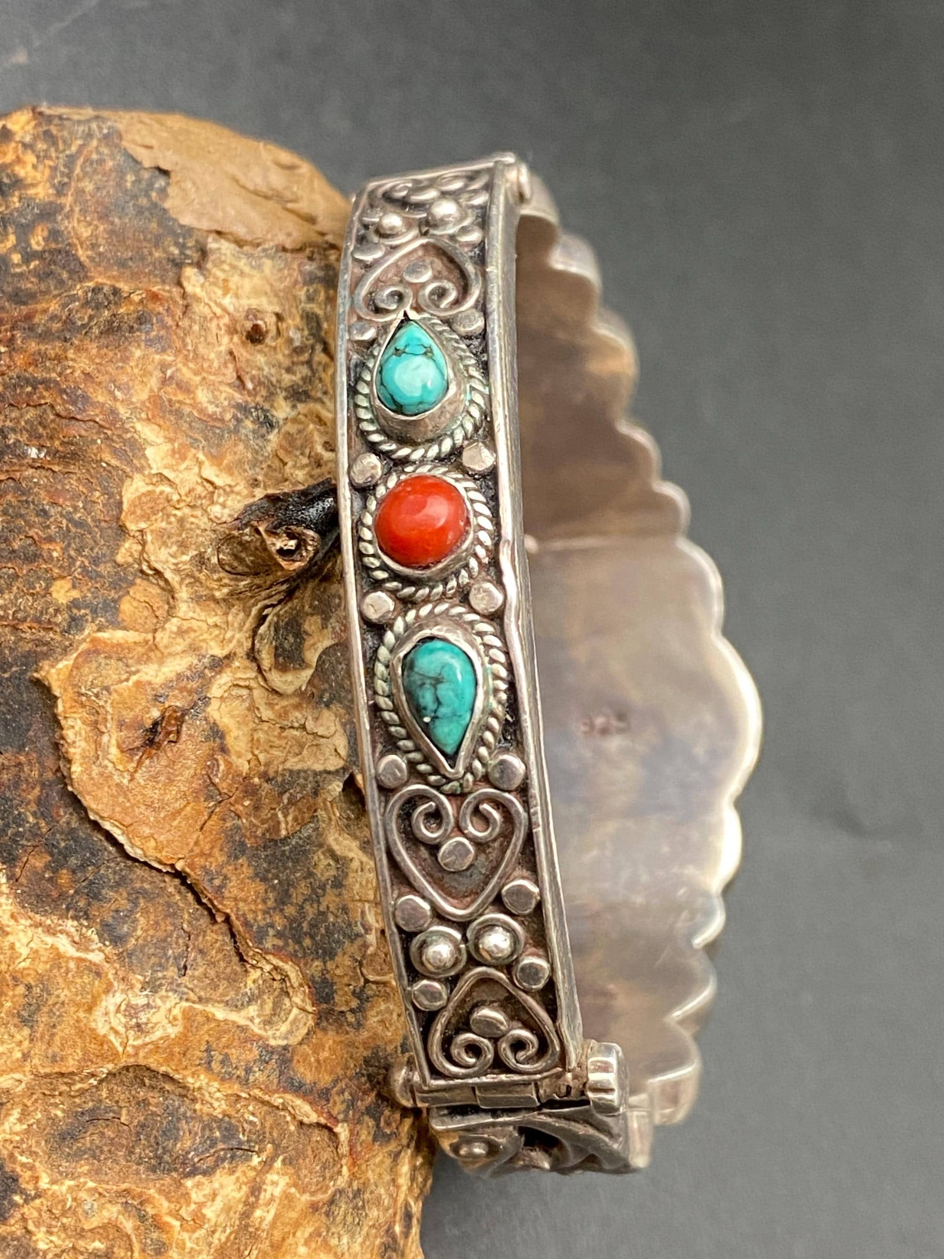 Tibetan design bracelet, Sterling Silver with untreated Coral Bangle: Tibetan Turquoise Jewelry