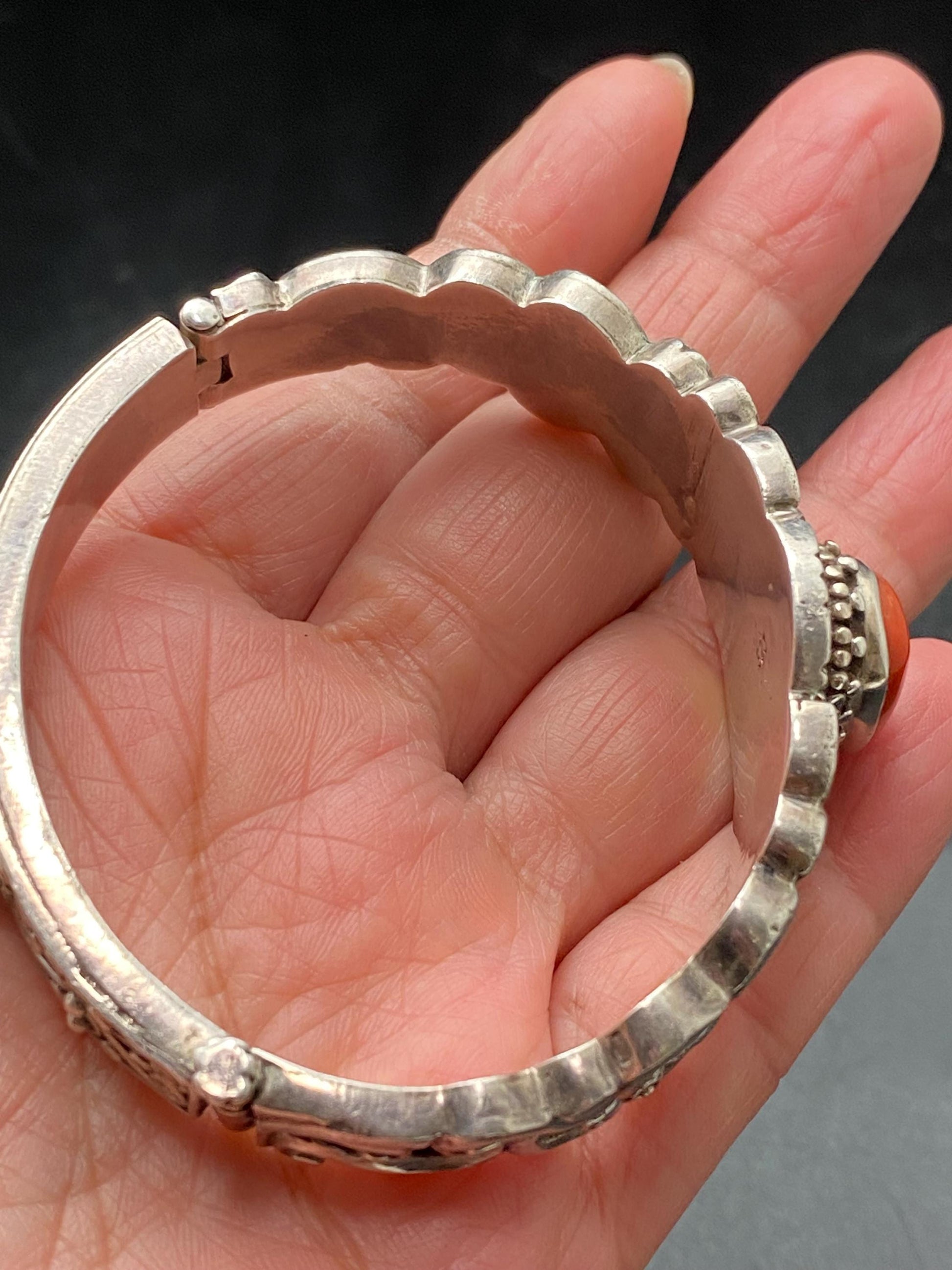 Handcrafted Sterling Silver Coral Bangle: Tibetan Turquoise Jewelry