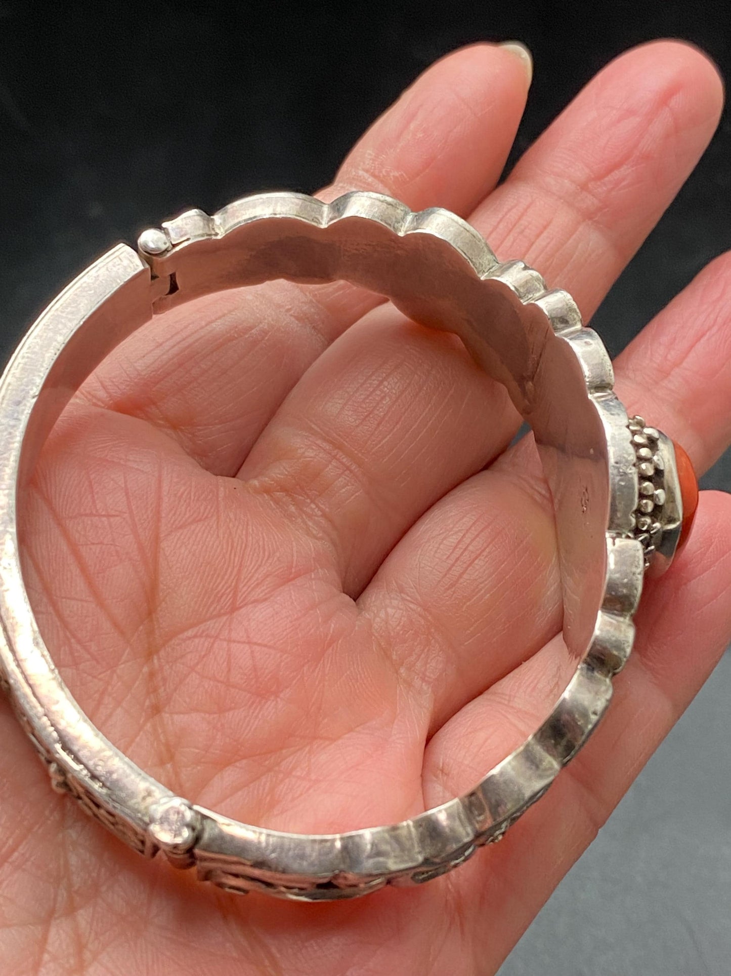 Tibetan design bracelet, Sterling Silver with untreated Coral Bangle: Tibetan Turquoise Jewelry