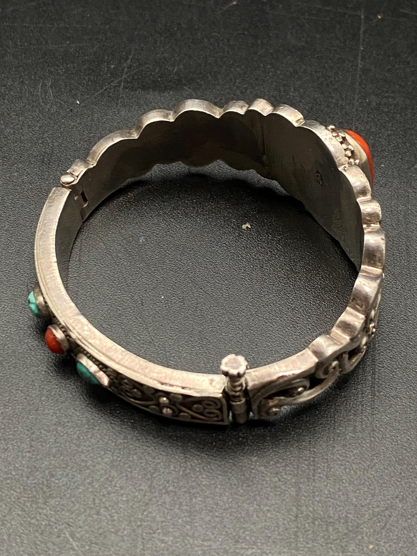 Tibetan design bracelet, Sterling Silver with untreated Coral Bangle: Tibetan Turquoise Jewelry