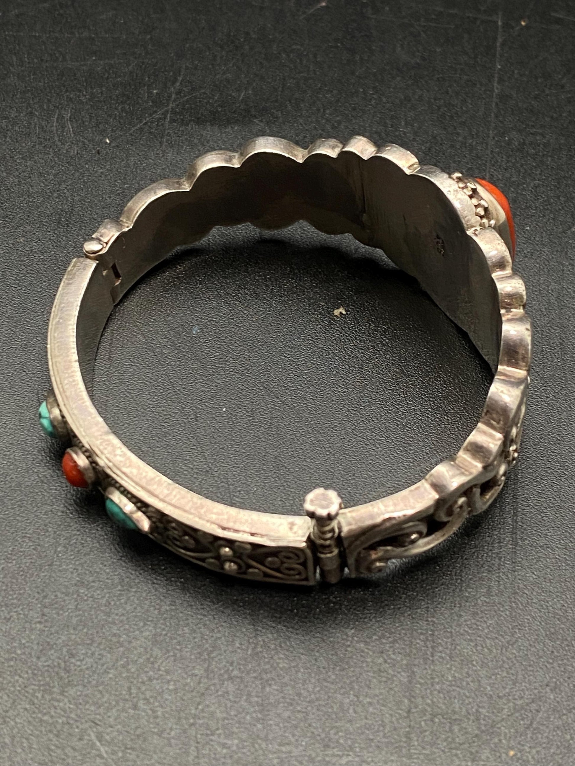 Tibetan design bracelet, Sterling Silver with untreated Coral Bangle: Tibetan Turquoise Jewelry