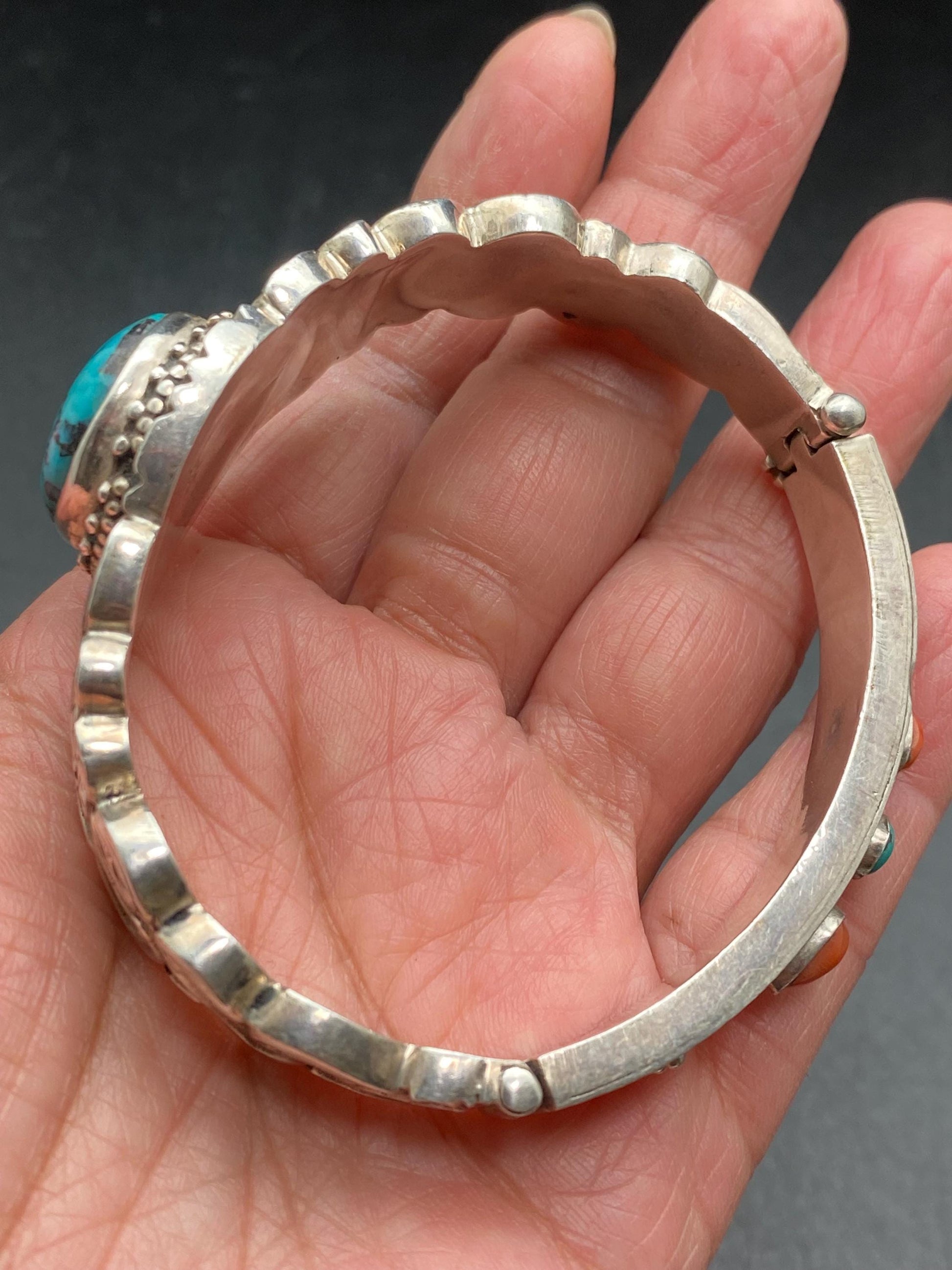 Turquoise bangle, bracelet ,sterling silver,turquoise ,coral , handcrafted,Nepalese