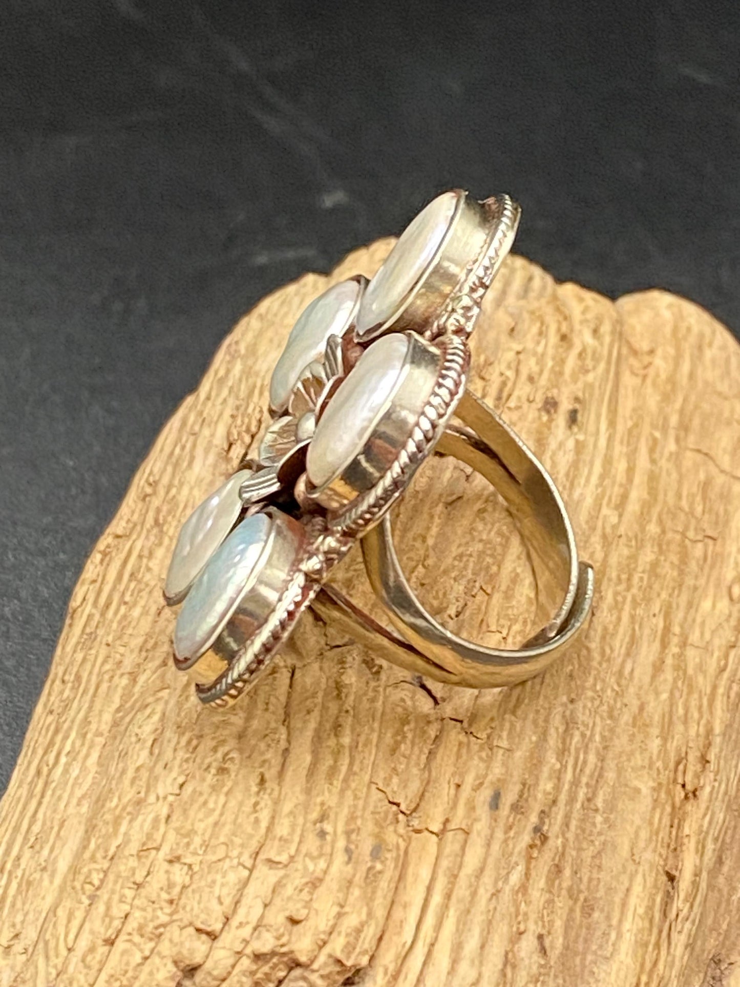 Pearl flower ring,mother of pearl, handcrafted, Tibetan silver,ethnic style,Tibetan Reposse silver, Himalayan,Nepalese ,adjustable