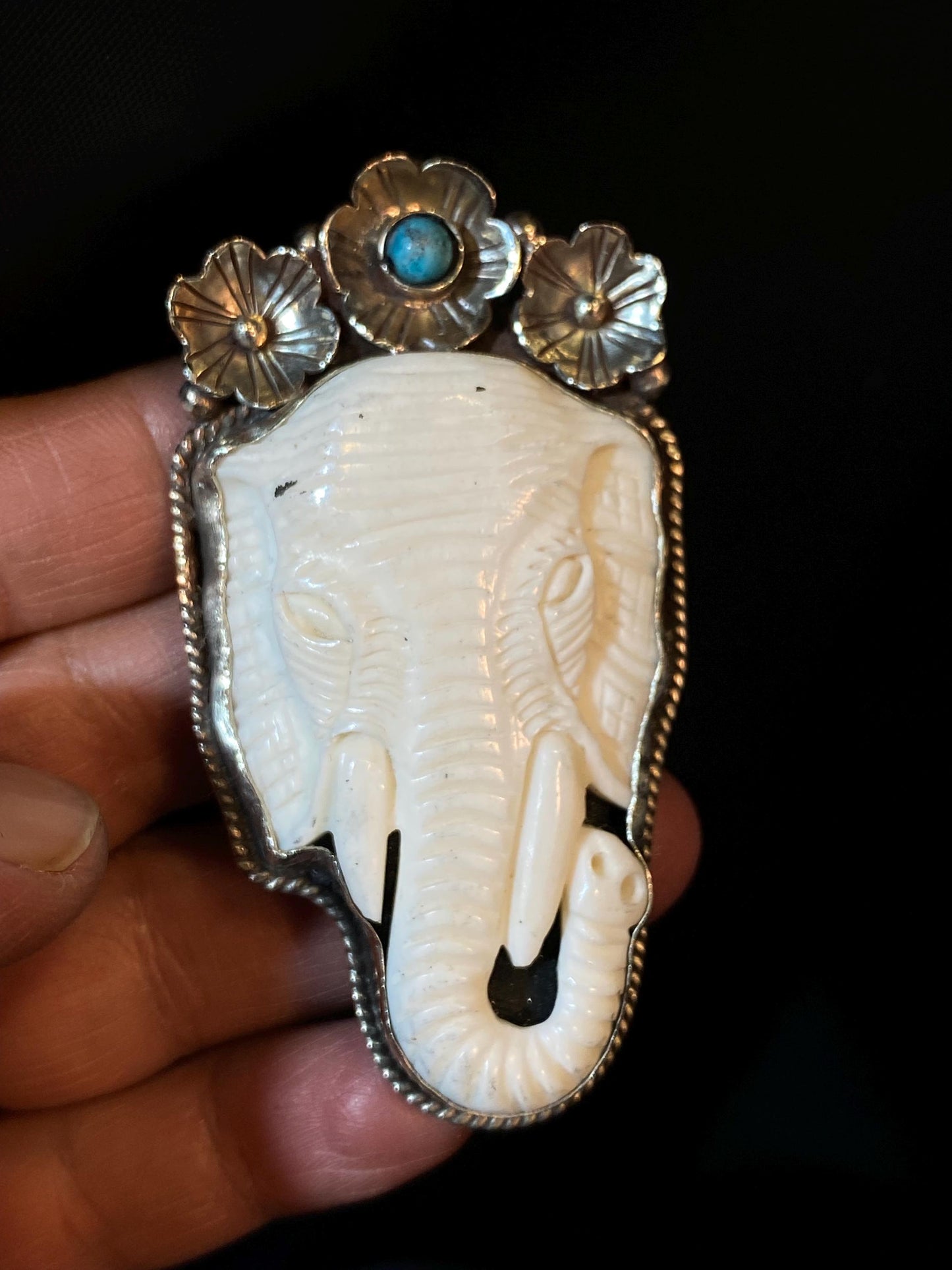 Elephant pendant, Bone carved pendant,handcrafted,Tibetan silver,Turquoise pendant,flower,ethnic style,