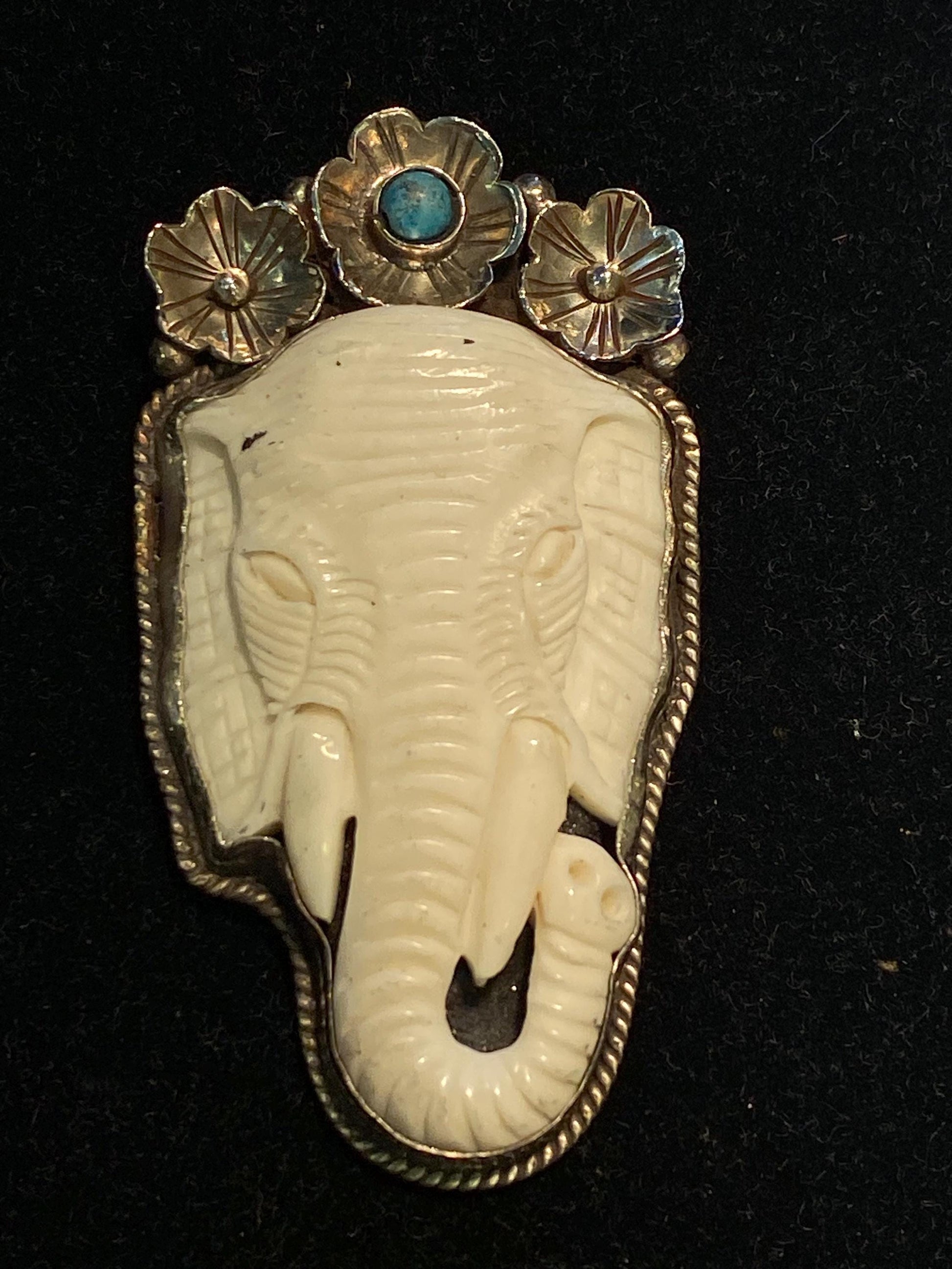 Elephant pendant, Bone carved pendant,handcrafted,Tibetan silver,Turquoise pendant,flower,ethnic style,