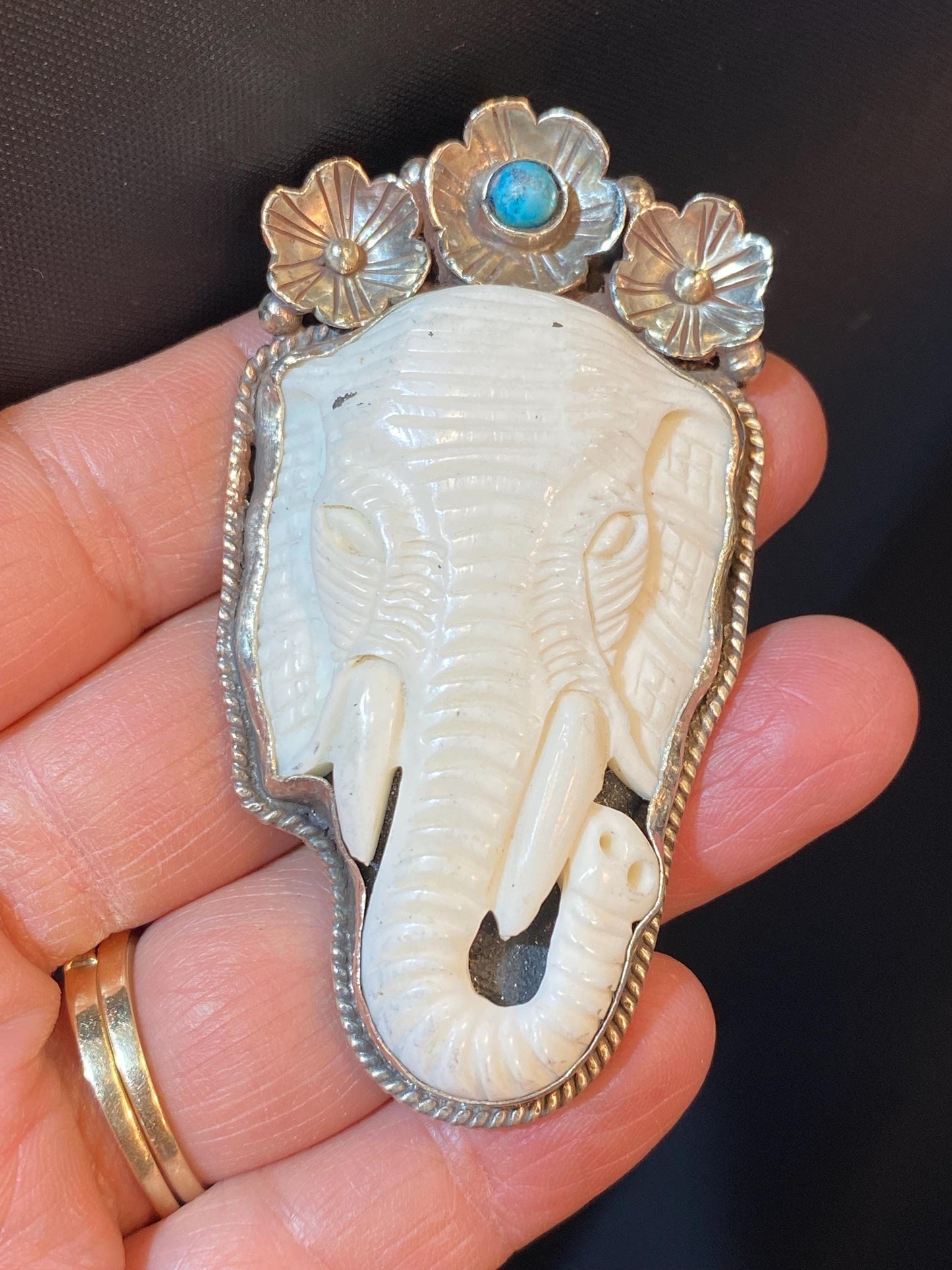 Elephant pendant, Bone carved pendant,handcrafted,Tibetan silver,Turquoise pendant,flower,ethnic style,