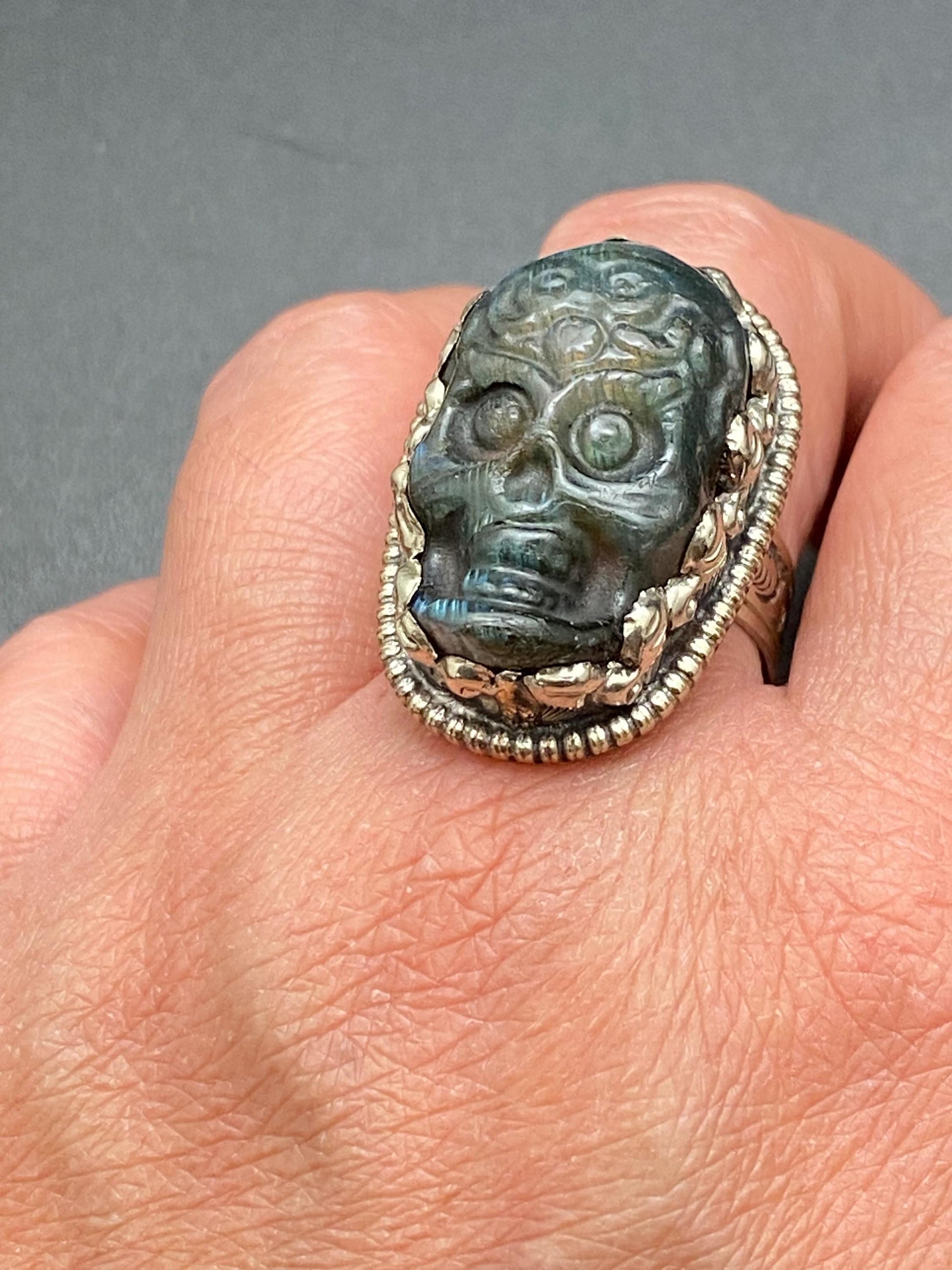 labradorite carved, skull ring, handcrafted,ethnic style,Tibetan silver, adjustable ,Nepalese