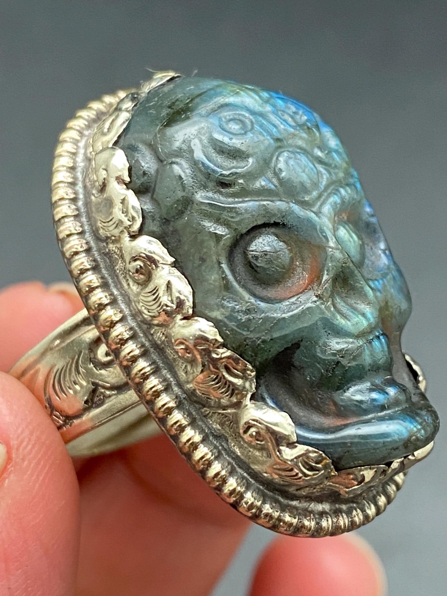 labradorite carved, skull ring, handcrafted,ethnic style,Tibetan silver, adjustable ,Nepalese