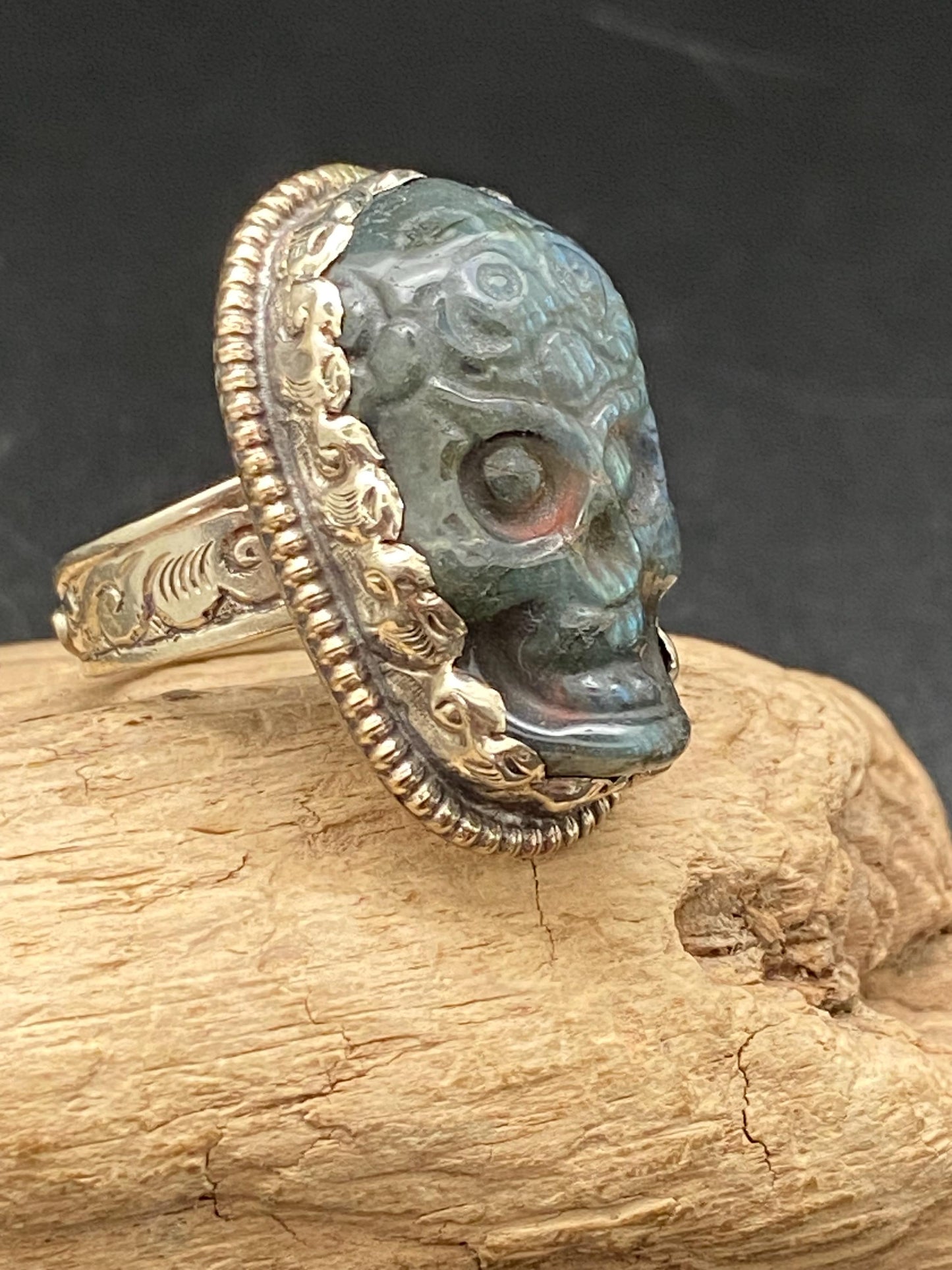 labradorite carved, skull ring, handcrafted,ethnic style,Tibetan silver, adjustable ,Nepalese