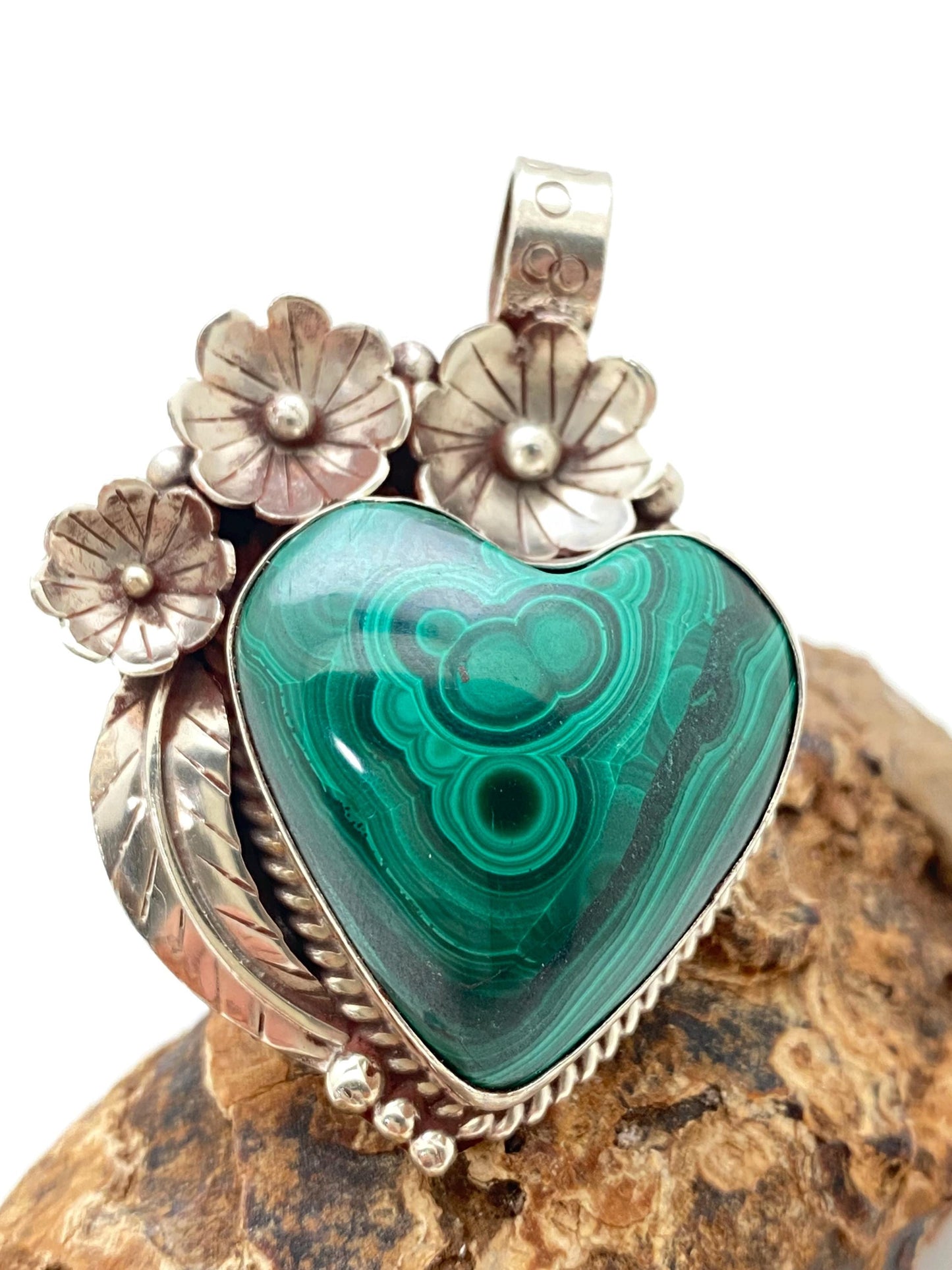 Malachite pendant, heart shape pendant, Tibetan silver, flower pendant, floral design, handcrafted, Nepalese