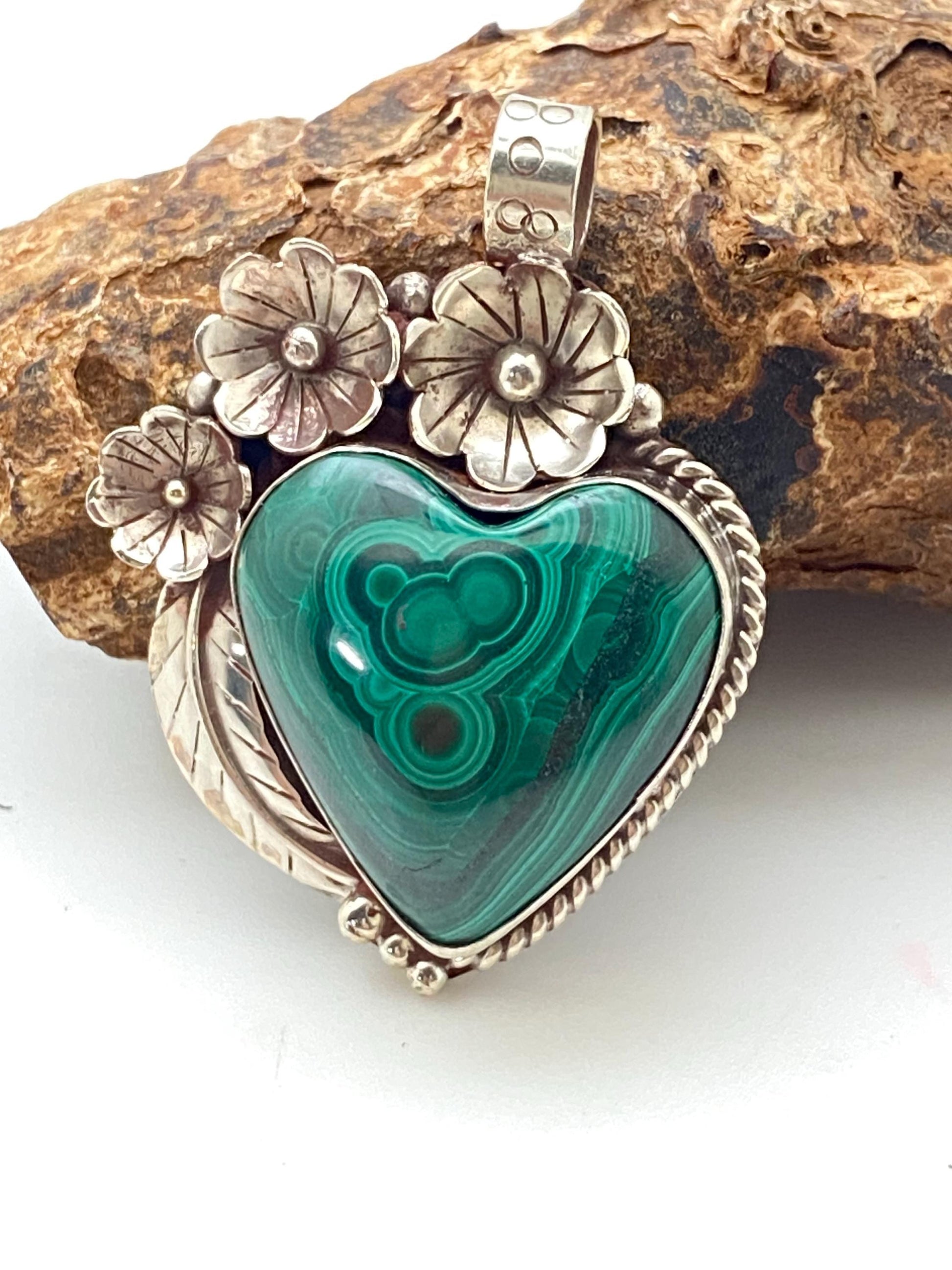 Malachite pendant, heart shape pendant, Tibetan silver, flower pendant, floral design, handcrafted, Nepalese