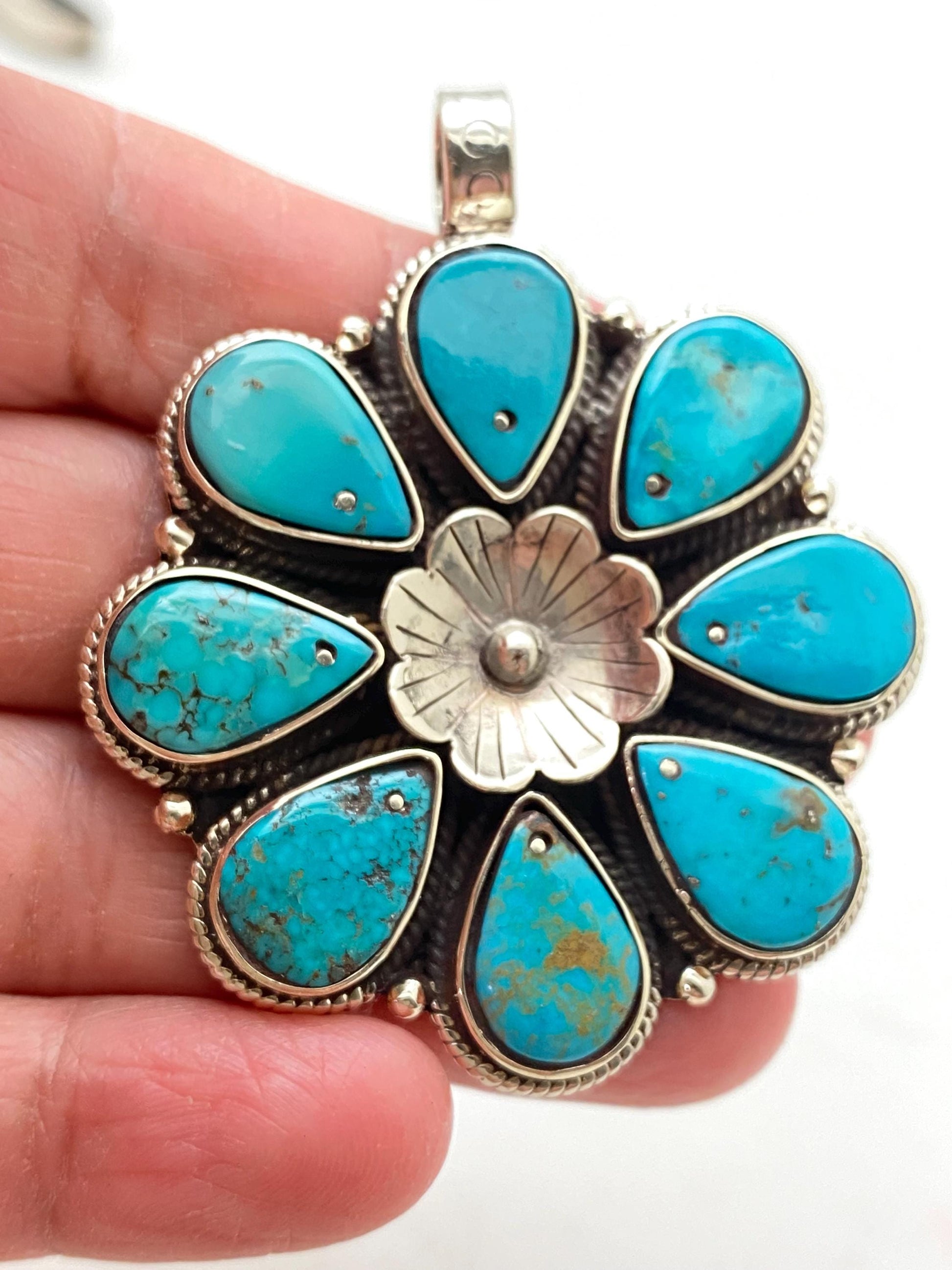 Flower pendant,turquoise pendant,handcrafted,tibetan silver,Himalayan,Nepalese