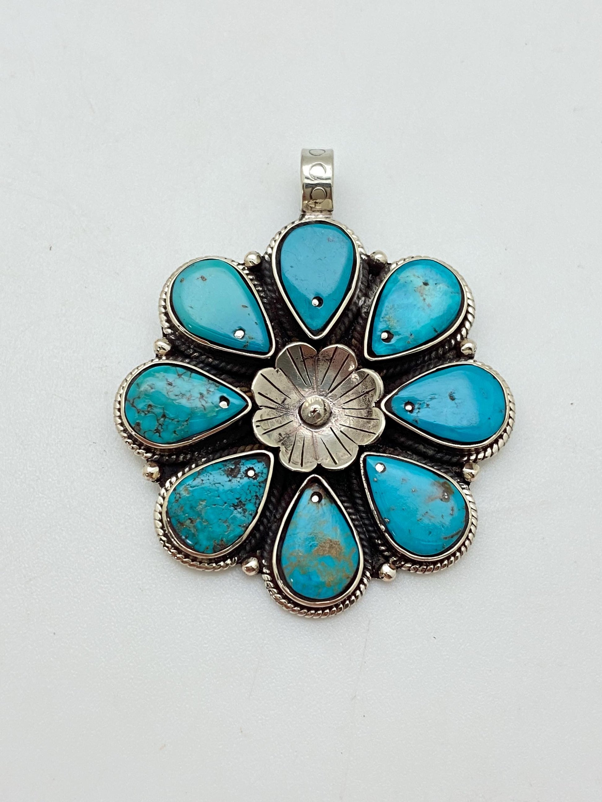 Flower pendant,turquoise pendant,handcrafted,tibetan silver,Himalayan,Nepalese
