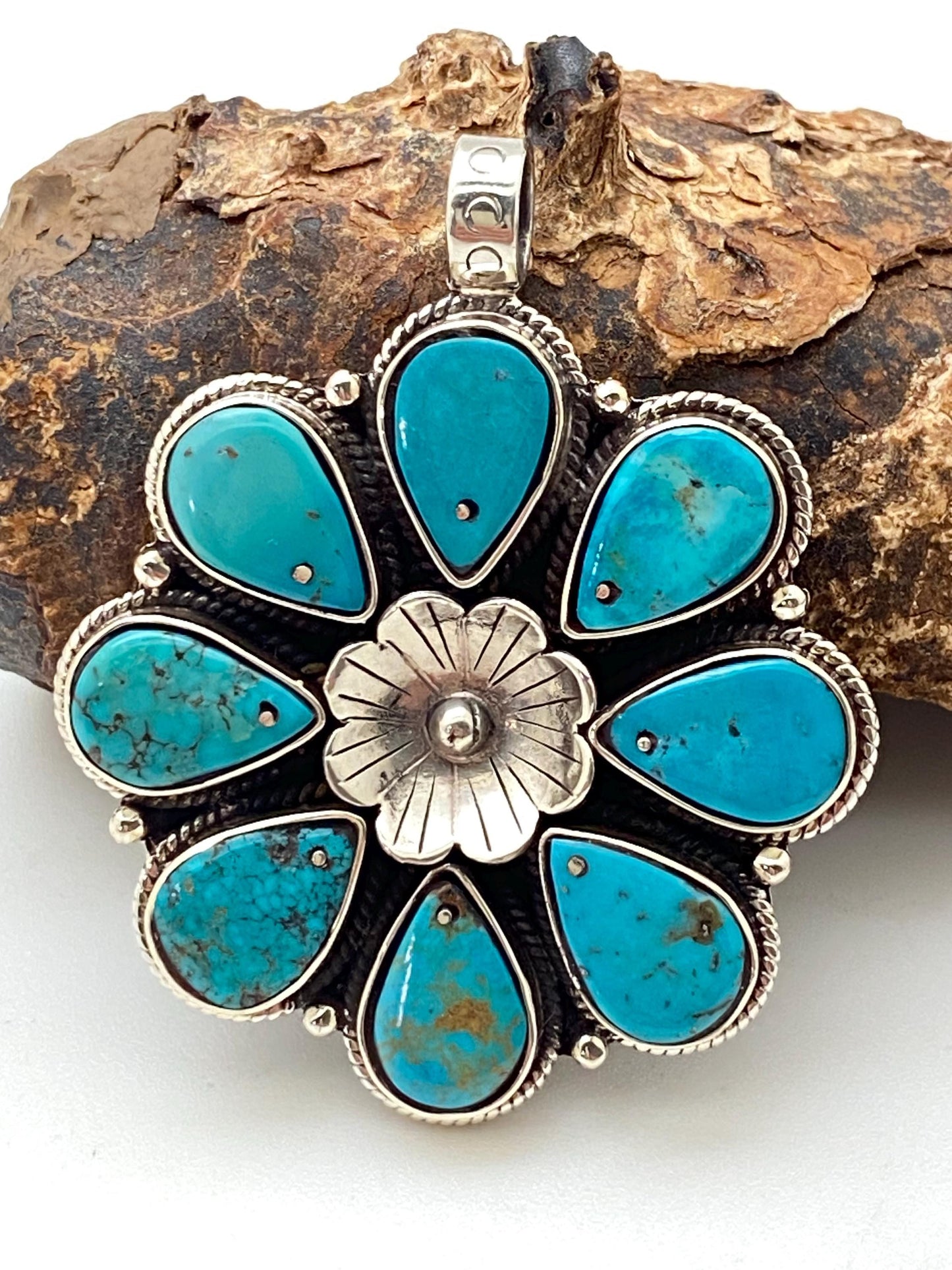 Flower pendant,turquoise pendant,handcrafted,tibetan silver,Himalayan,Nepalese