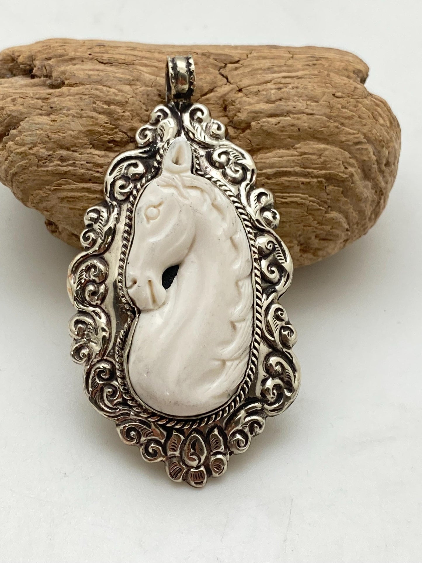 Horse pendant,bone carved,handcrafted,Tibetan silver,Himalayan, Nepalese ,ethnic style