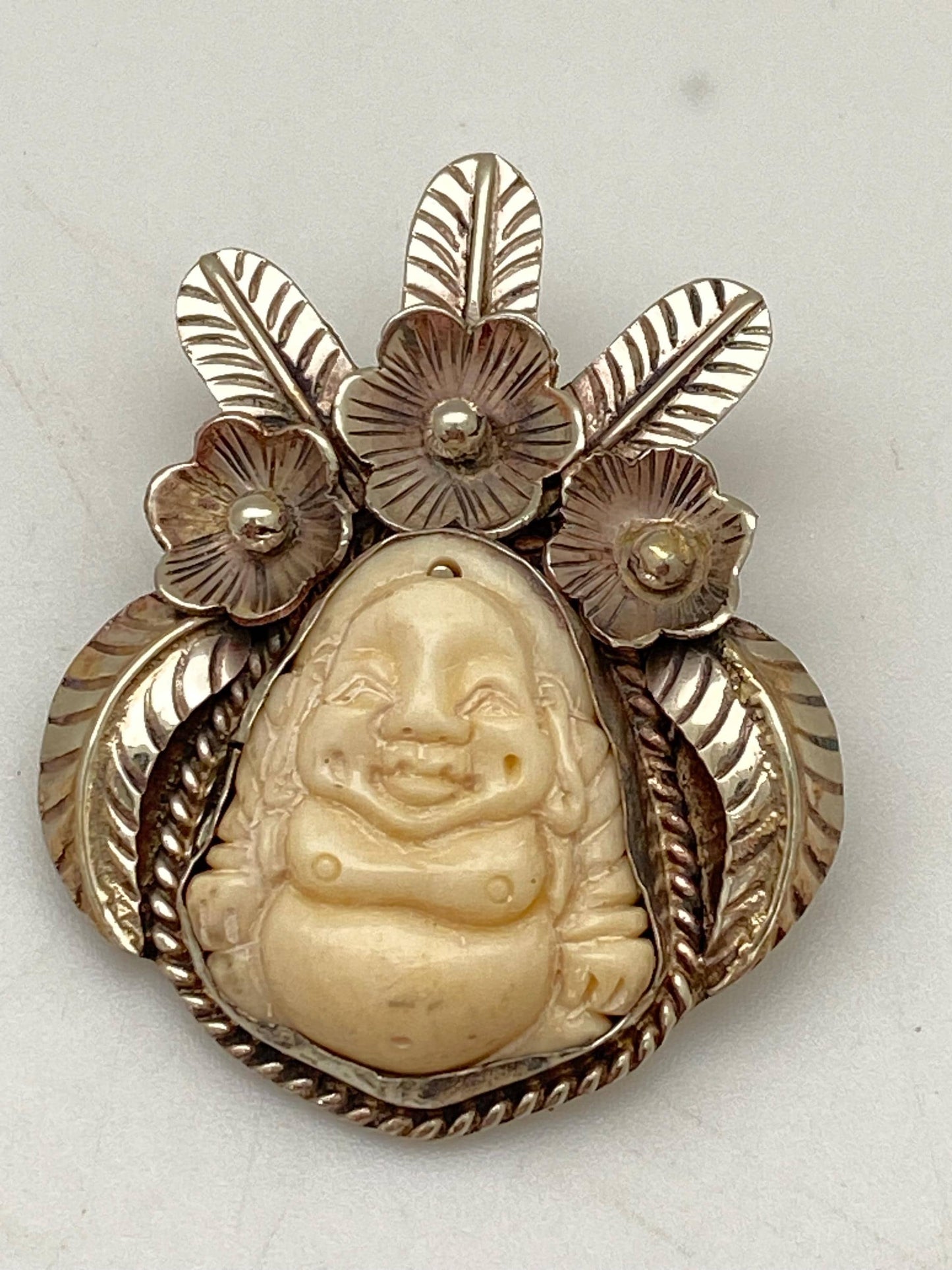 Happy Buddha, buffalo bone carved pendant,Tibetan silver, floral silver,Himalayan ,Nepalese